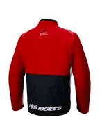 Veste Softshell Alpinestars Lite-Dura, vue de dos, veste d'enduro tout-terrain, noir et rouge vif avec accents blancs, logo Alpinestars blanc imposant au bas du dos, design à blocs de couleurs, poche de rangement arrière fonctionnelle, softshell modulaire pour le motocross et le trail