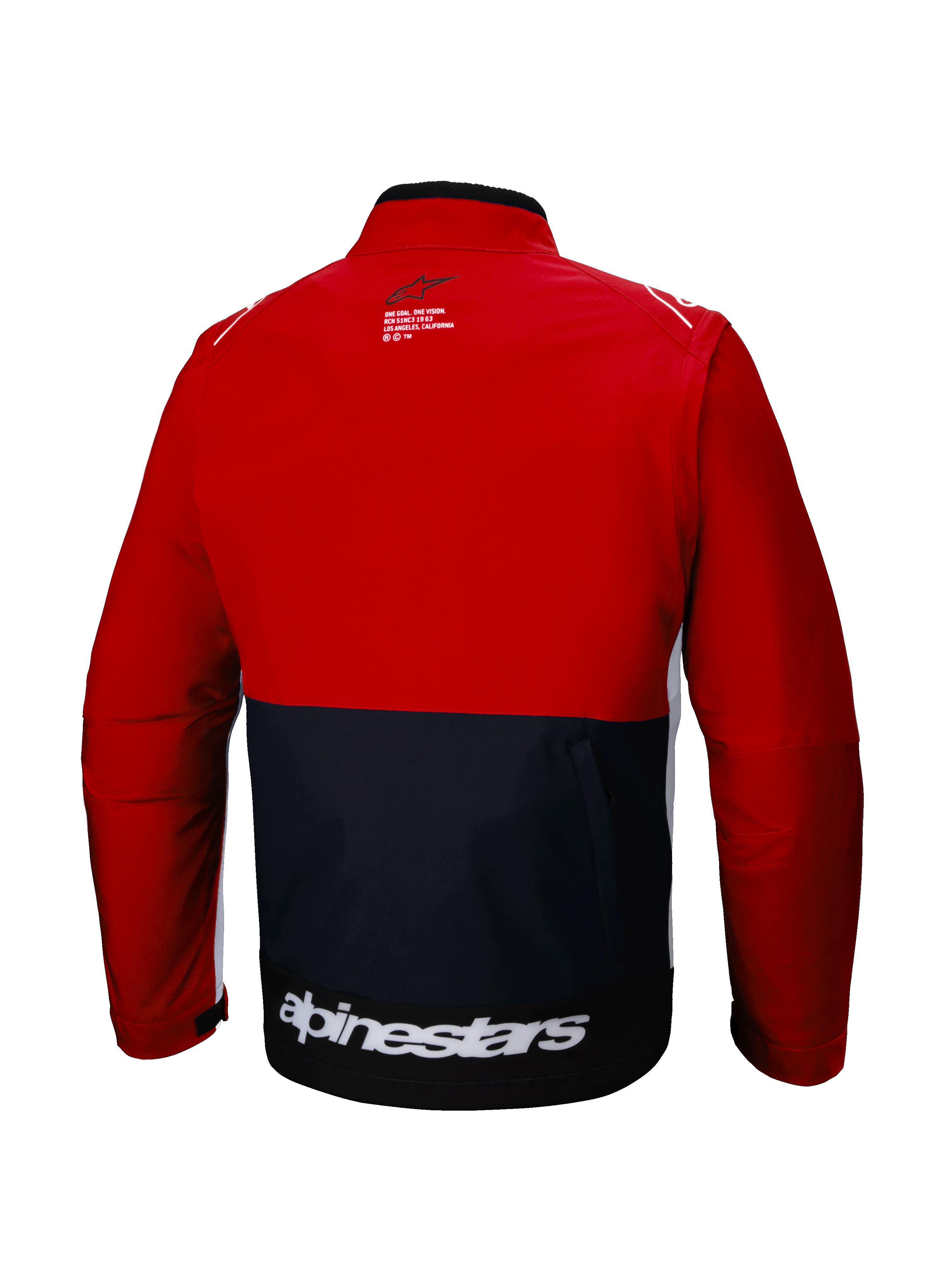 Veste Softshell Alpinestars Lite-Dura, vue de dos, veste d'enduro tout-terrain, noir et rouge vif avec accents blancs, logo Alpinestars blanc imposant au bas du dos, design à blocs de couleurs, poche de rangement arrière fonctionnelle, softshell modulaire pour le motocross et le trail