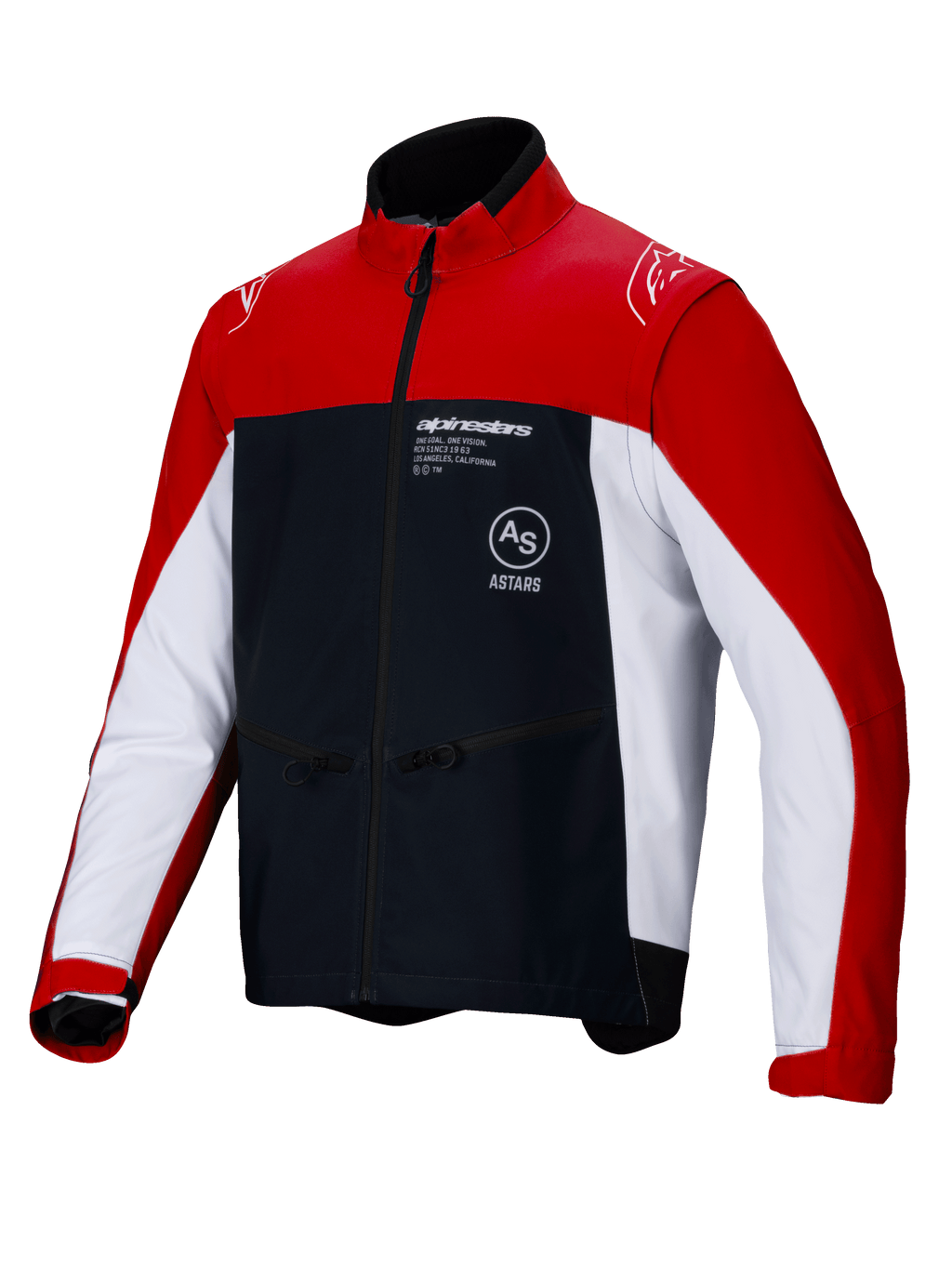 Veste Softshell Alpinestars Lite-Dura, veste de moto tout-terrain enduro, noir, rouge vif et blanc, design color-block avec épaules et extérieur des manches rouges, empiècements latéraux blancs et torse noir avec logo Alpinestars, poches zippées et col montant