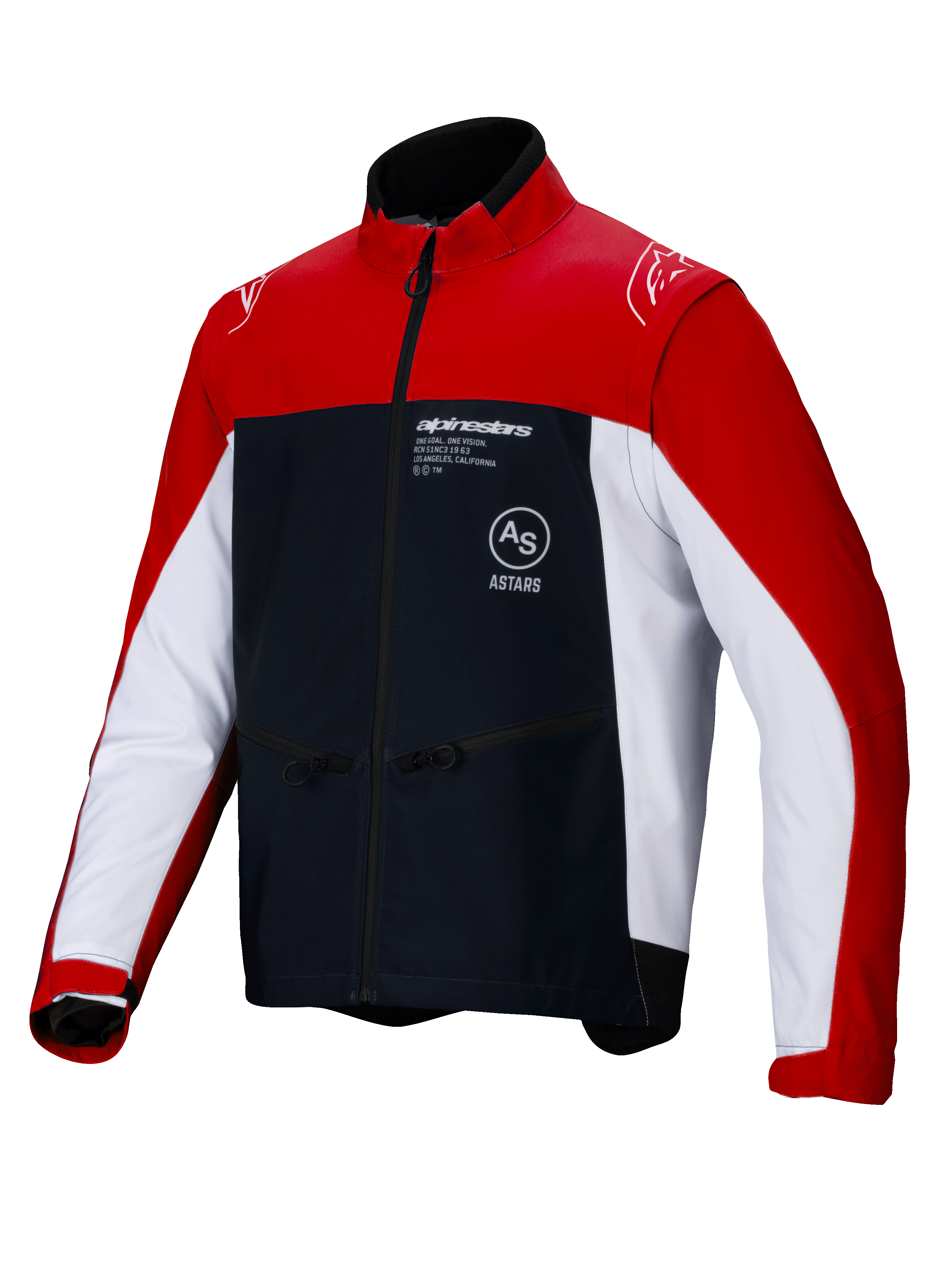 Veste Softshell Alpinestars Lite-Dura, veste de moto tout-terrain enduro, noir, rouge vif et blanc, design color-block avec épaules et extérieur des manches rouges, empiècements latéraux blancs et torse noir avec logo Alpinestars, poches zippées et col montant