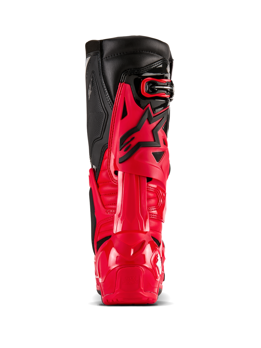 Alpinestars Tech 10 Enduro Stiefel, Leuchtendes Rot und Schwarz, Rückansicht mit Dynamic Heel Compression Protector und Flexionsrahmen, professionelle Offroad-Motocross-Ausrüstung, strapazierfähige TPU-Schale und schwarze Leder-Oberpaneele