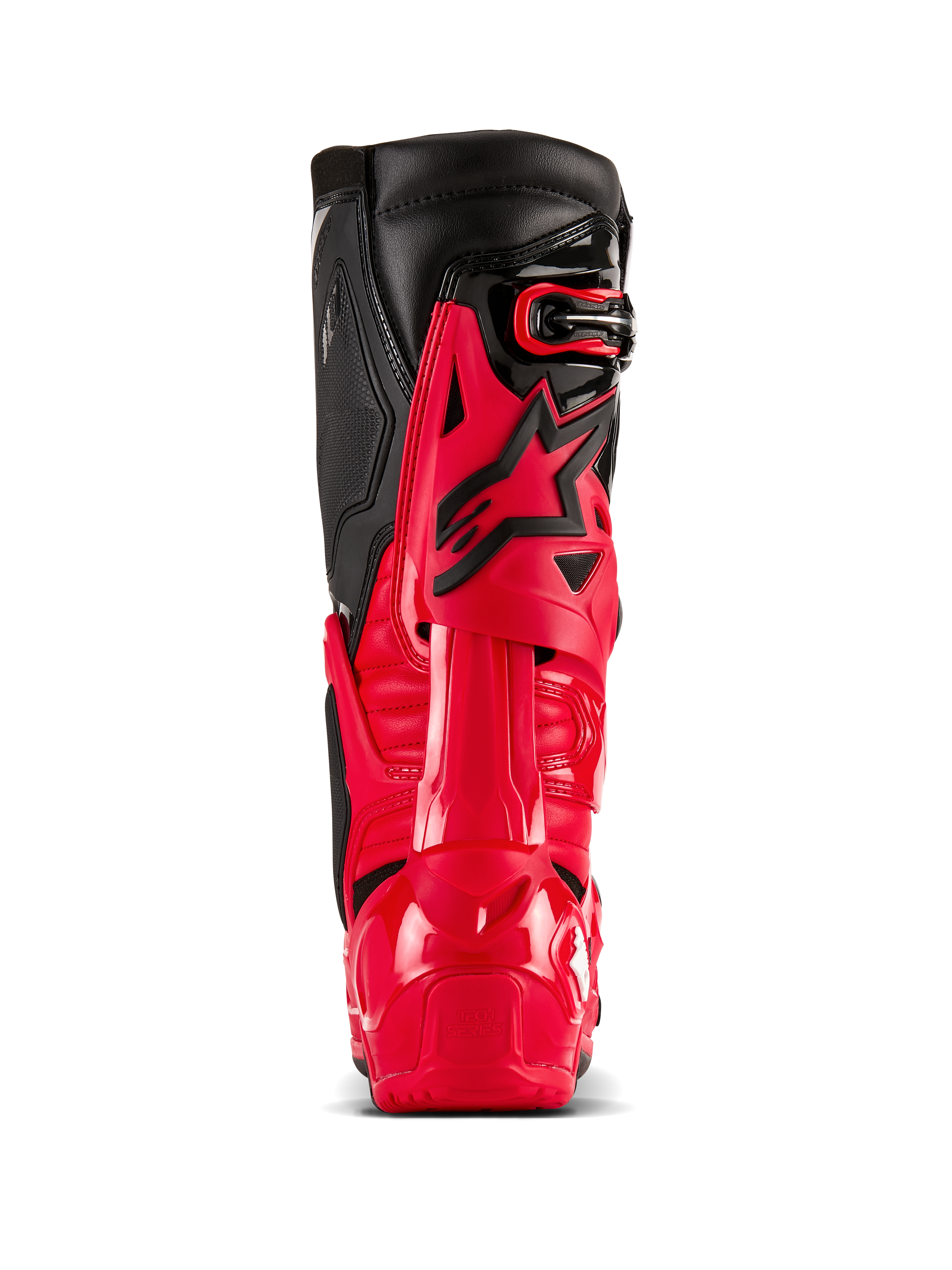 Alpinestars Tech 10 Enduro Stiefel, Leuchtendes Rot und Schwarz, Rückansicht mit Dynamic Heel Compression Protector und Flexionsrahmen, professionelle Offroad-Motocross-Ausrüstung, strapazierfähige TPU-Schale und schwarze Leder-Oberpaneele