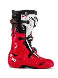 Alpinestars Tech 10 Enduro Stiefel, Motocross-Offroad-Stiefel, Leuchtendes Rot, Schwarz und Weiß, Seitenansicht, Dreifach-Schnallen-Verschlusssystem, robuste Schutzpaneele, spezielle Enduro-Grip-Sohle, Astars-Logo