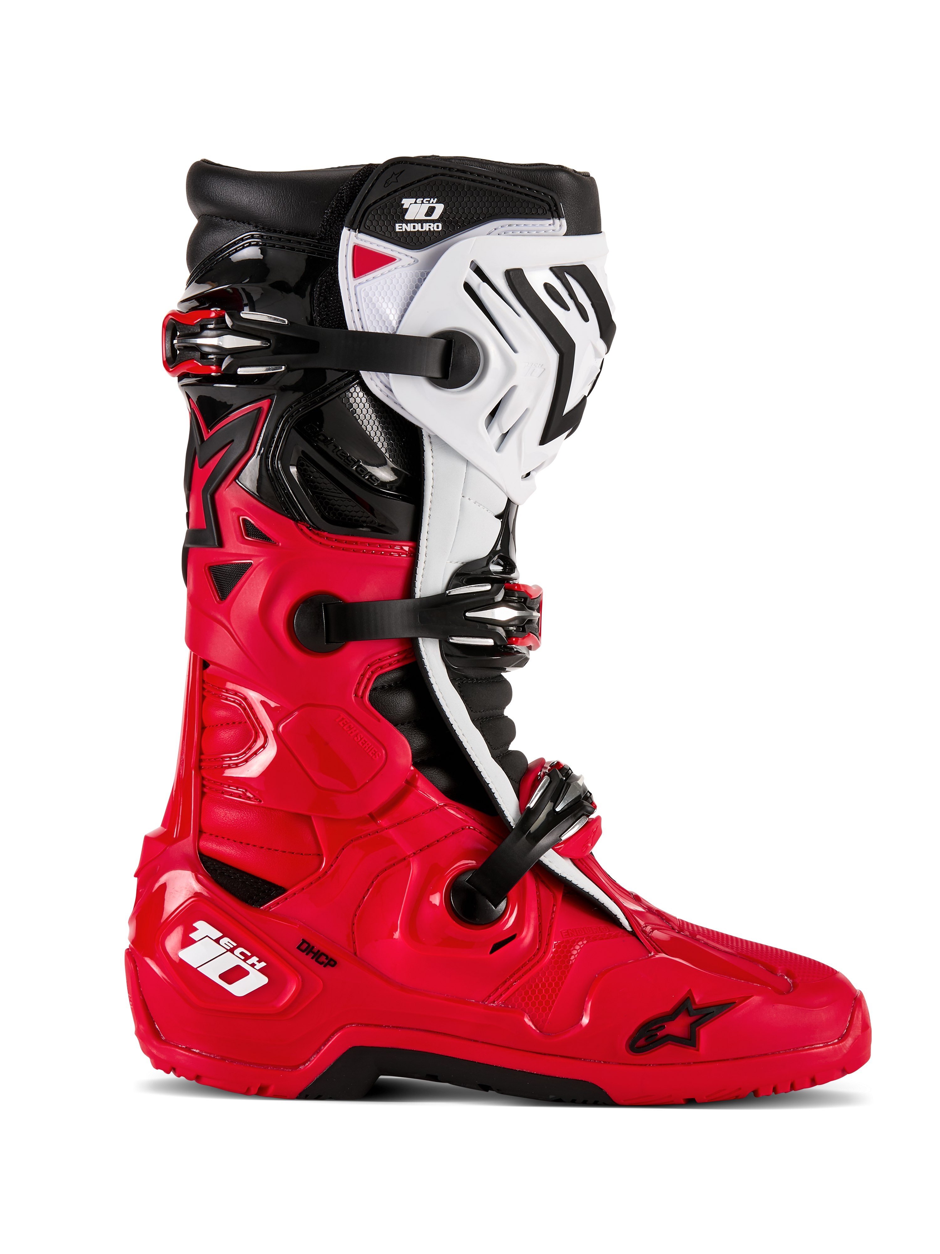 Alpinestars Tech 10 Enduro Stiefel, Motocross-Offroad-Stiefel, Leuchtendes Rot, Schwarz und Weiß, Seitenansicht, Dreifach-Schnallen-Verschlusssystem, robuste Schutzpaneele, spezielle Enduro-Grip-Sohle, Astars-Logo