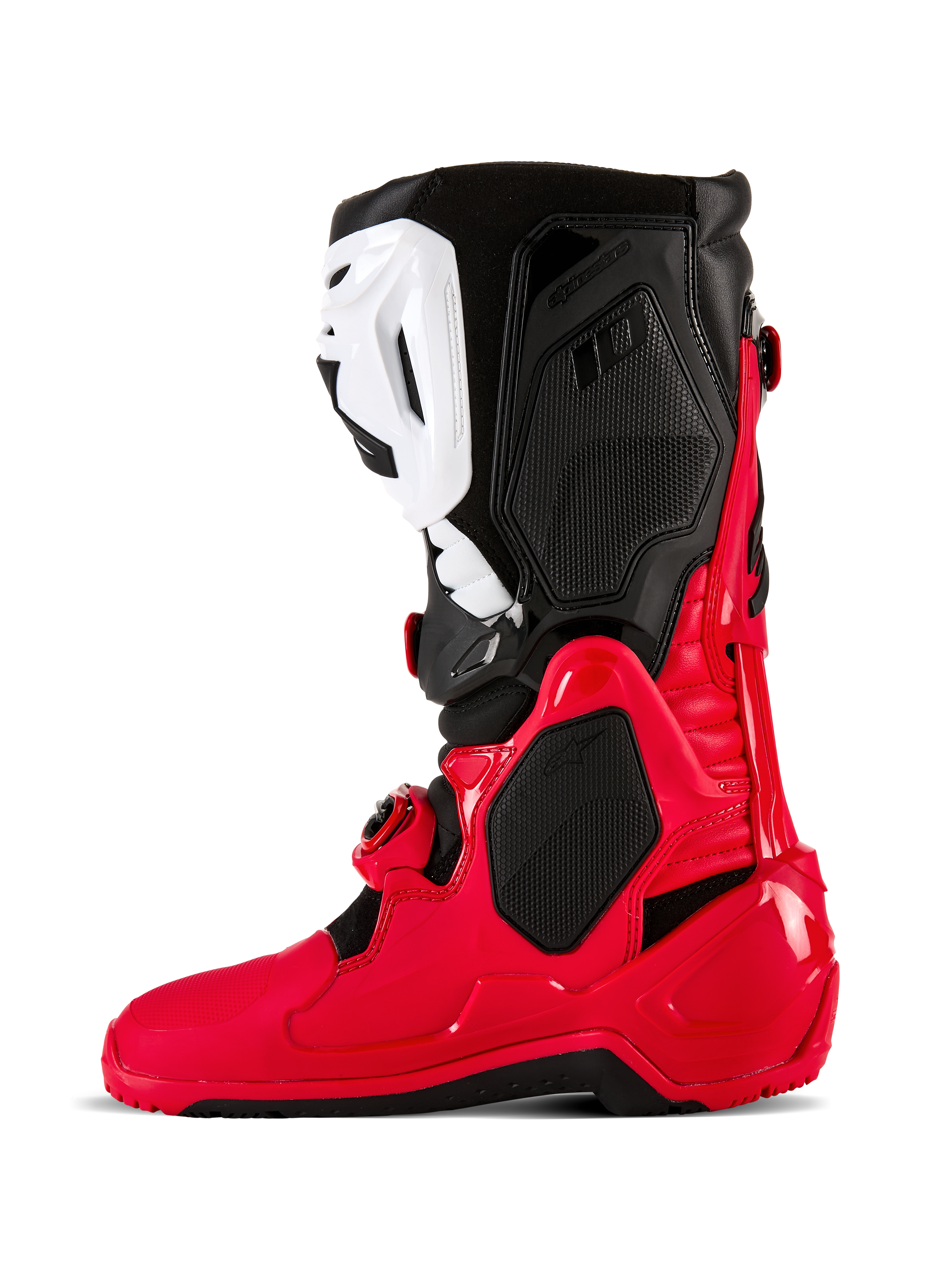 Alpinestars Tech 10 Enduro Stiefel, Motocross- und Enduro-Stiefel, Leuchtendes Rot, Schwarz und Weiß, Seitenprofilansicht mit robuster TPU-Schale, weißer Schienbeinplatte und schwarzen oberen Panels, entwickelt für Offroad-Performance.