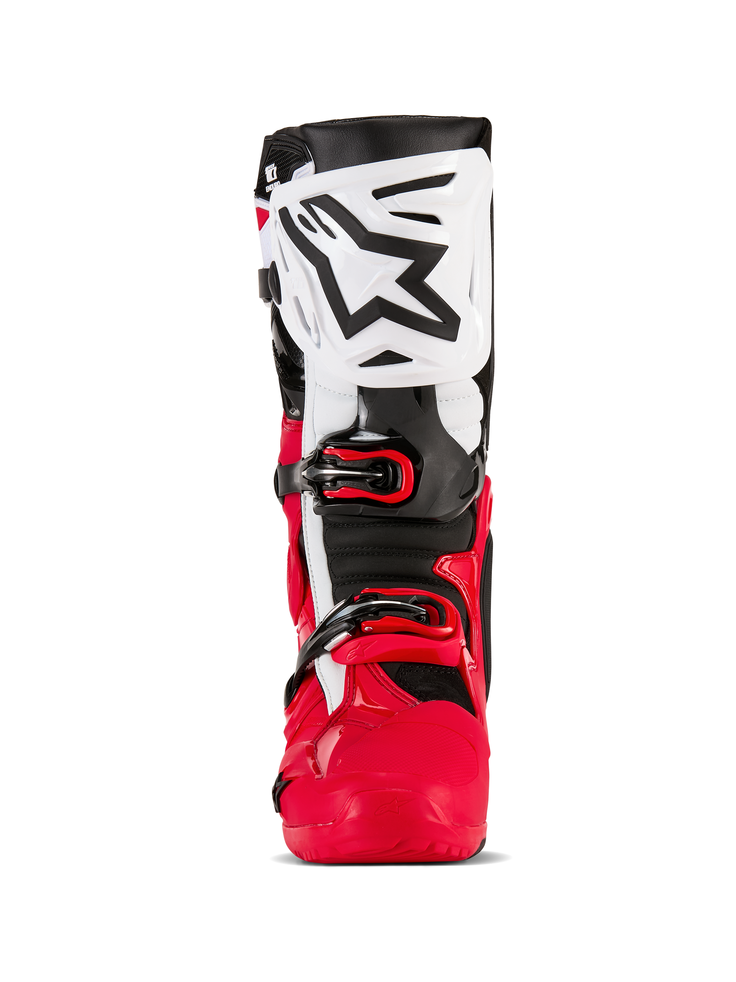 Alpinestars Tech 10 Enduro Stiefel, Motocross- und Enduro-Stiefel, Leuchtend Rot, Schwarz und Weiß, Vorderansicht mit weißer Schienbeinplatte und schwarzem Alpinestars-Logo, rotem unterem Chassis und sicherem Schnallenverschlusssystem, Hochleistungs-Schutzausrüstung für das Offroad-Fahren