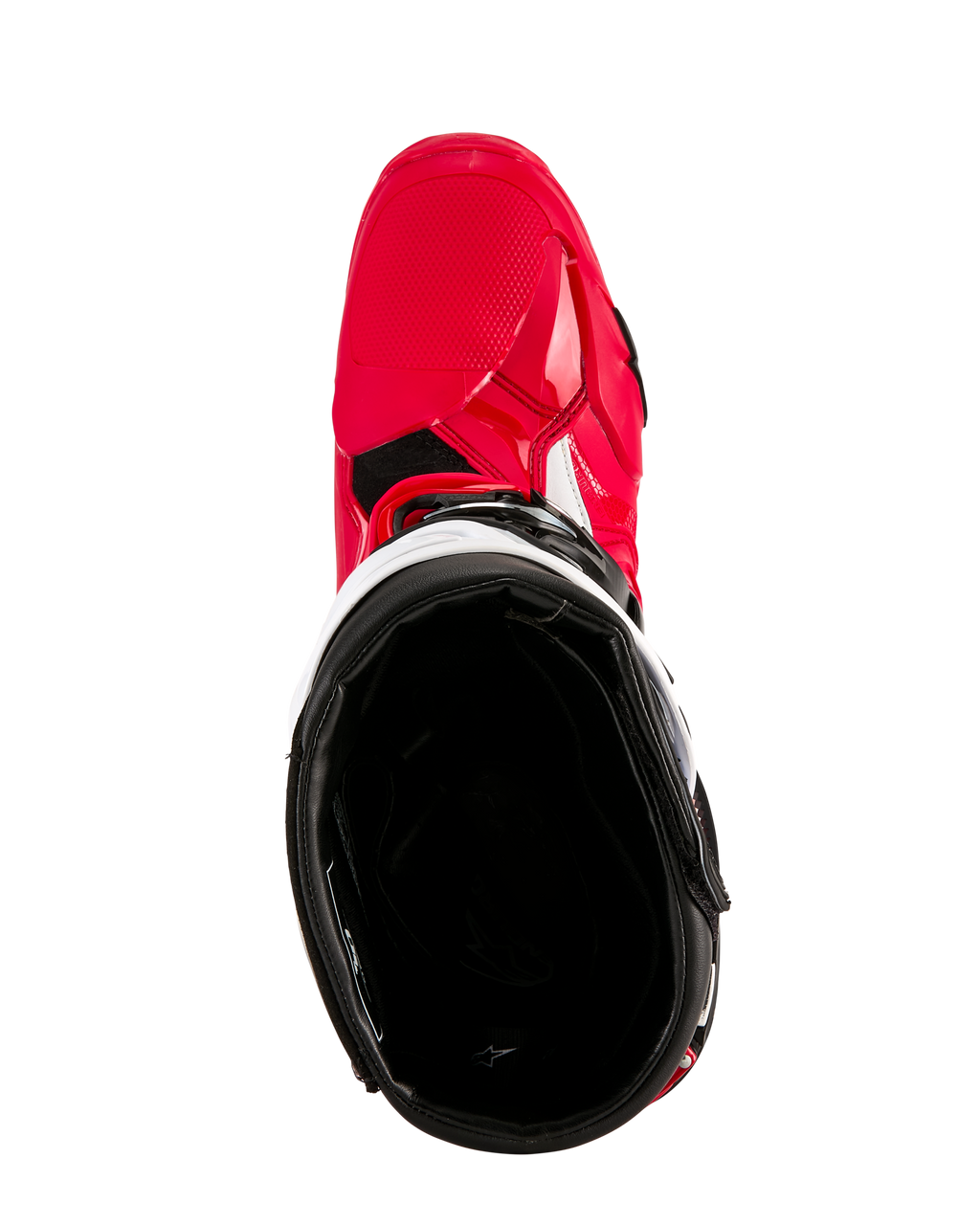 Alpinestars Tech 10 Enduro Stiefel, Motocross-Stiefel, Leuchtendes Rot, Schwarz und Weiß, Draufsicht mit Blick in das schwarze Innenfutter, leuchtend rote Außenschale mit weißen Akzenten, schützendes Schuhwerk für Offroad-Rennsport