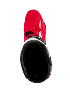 Alpinestars Tech 10 Enduro Stiefel, Motocross-Stiefel, Leuchtendes Rot, Schwarz und Weiß, Draufsicht mit Blick in das schwarze Innenfutter, leuchtend rote Außenschale mit weißen Akzenten, schützendes Schuhwerk für Offroad-Rennsport
