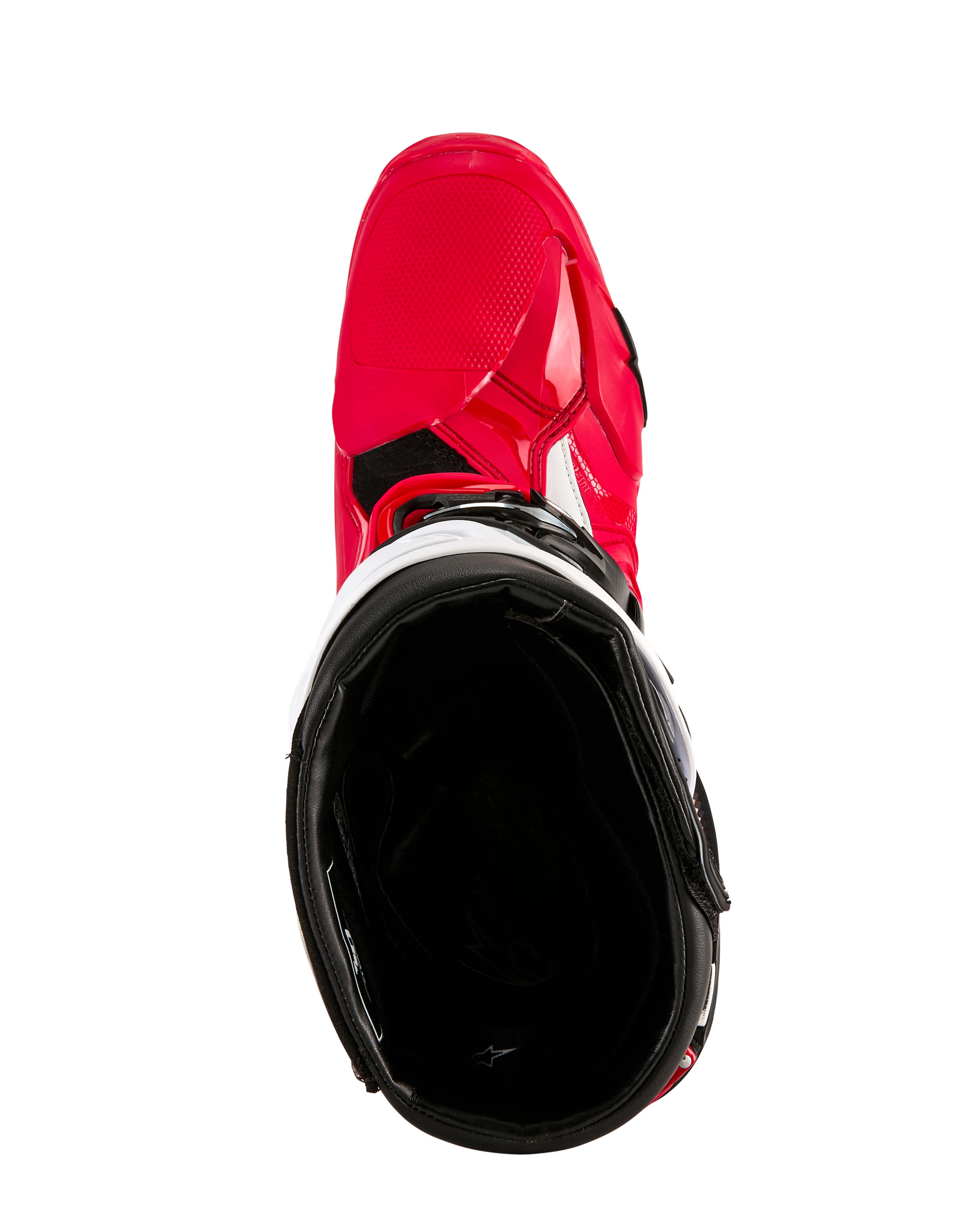 Alpinestars Tech 10 Enduro Stiefel, Motocross-Stiefel, Leuchtendes Rot, Schwarz und Weiß, Draufsicht mit Blick in das schwarze Innenfutter, leuchtend rote Außenschale mit weißen Akzenten, schützendes Schuhwerk für Offroad-Rennsport