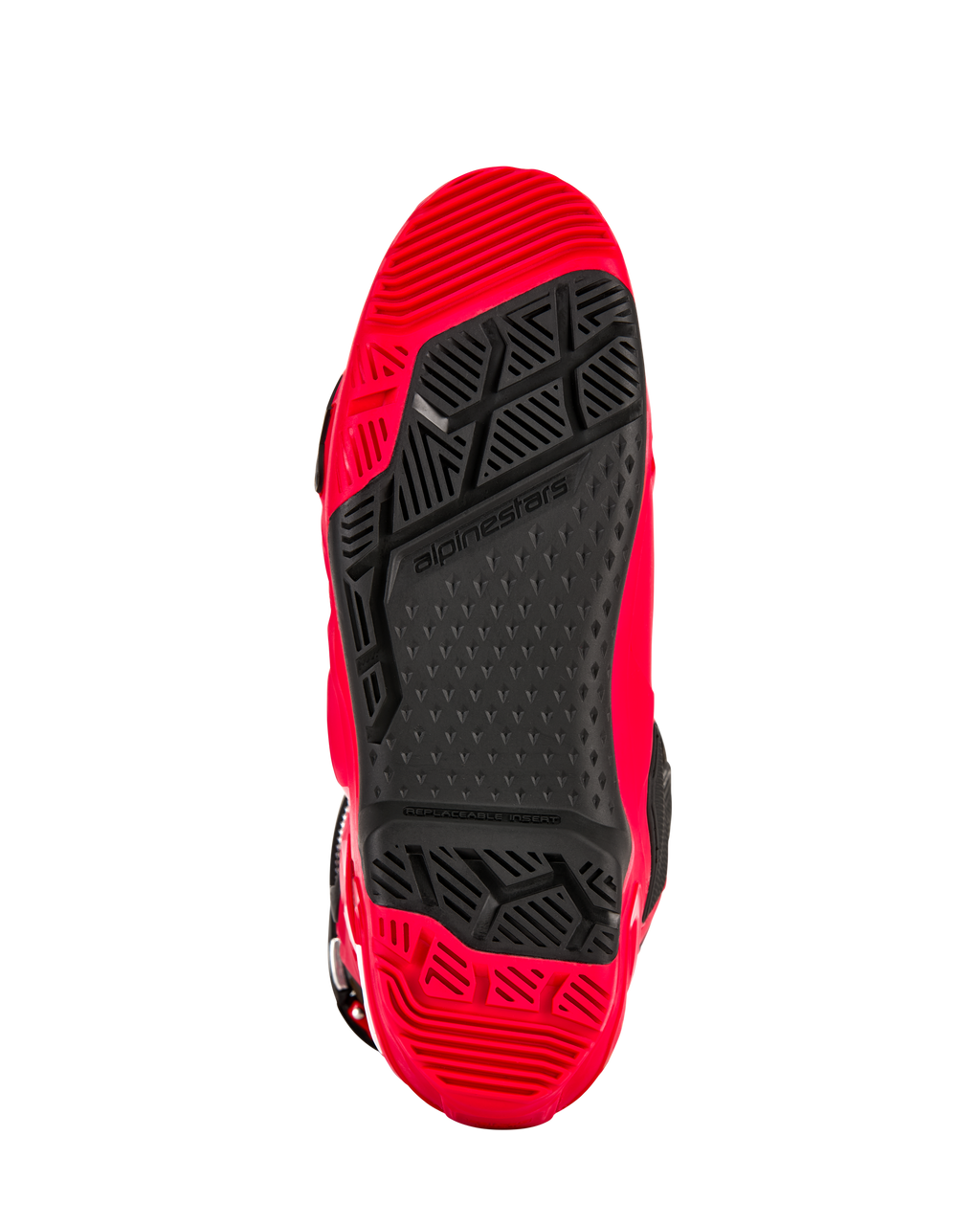 Alpinestars Tech 10 Enduro Stiefel, Hellrot und Schwarz, Unteransicht der speziellen Enduro-Doppel-Verbundsohle mit griffigem Profilmuster und einem schwarzen, austauschbaren Mitteleinsatz.