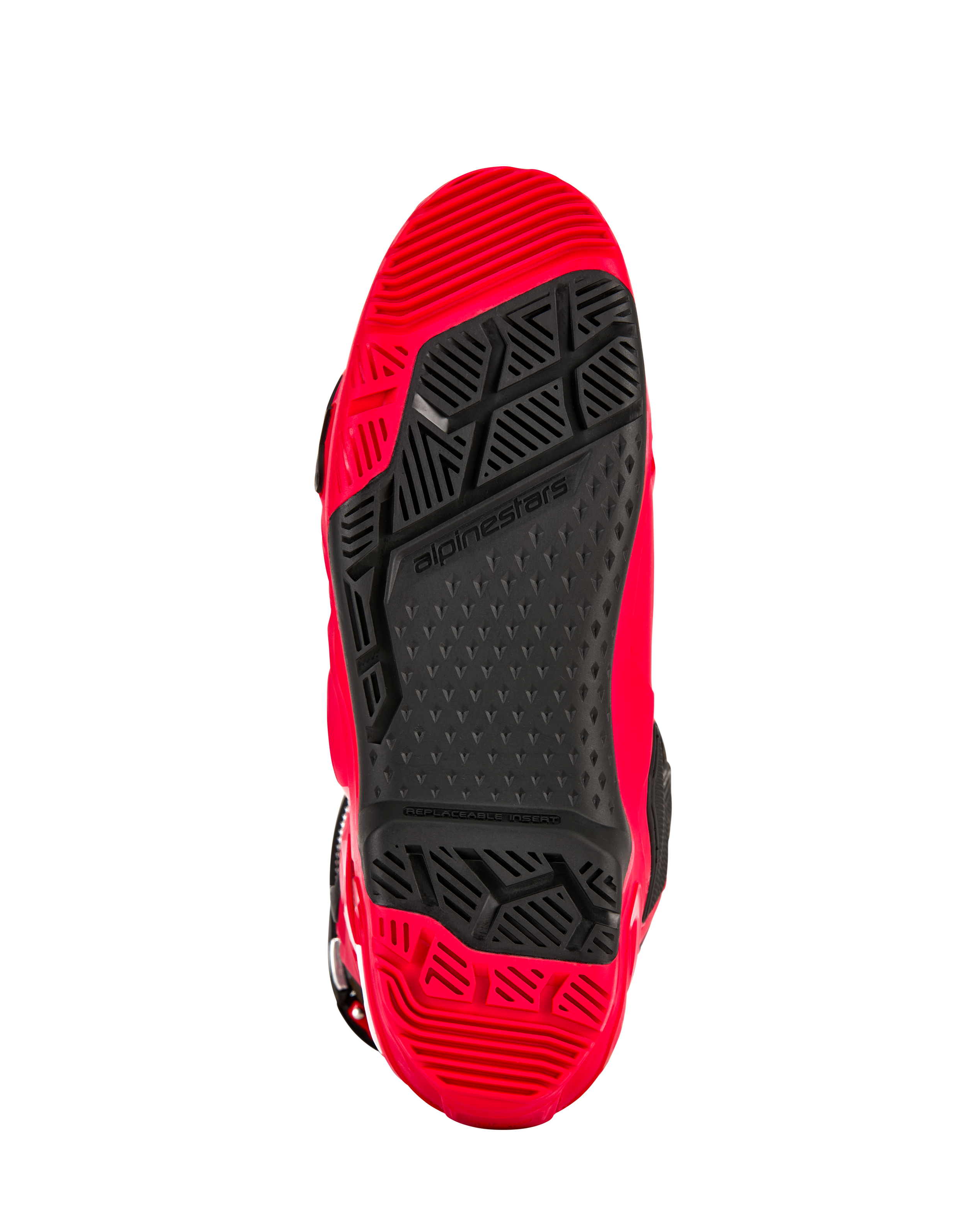 Alpinestars Tech 10 Enduro Stiefel, Hellrot und Schwarz, Unteransicht der speziellen Enduro-Doppel-Verbundsohle mit griffigem Profilmuster und einem schwarzen, austauschbaren Mitteleinsatz.