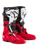 Alpinestars Tech 10 Enduro-Stiefel, Motocross- und Enduro-Stiefel, Hellrot, Schwarz und Weiß, weiße Schienbeinplatten mit schwarzem Astars-Logo, schwarze Schnallen und Riemen, strapazierfähiges Design für Offroad-Rennen