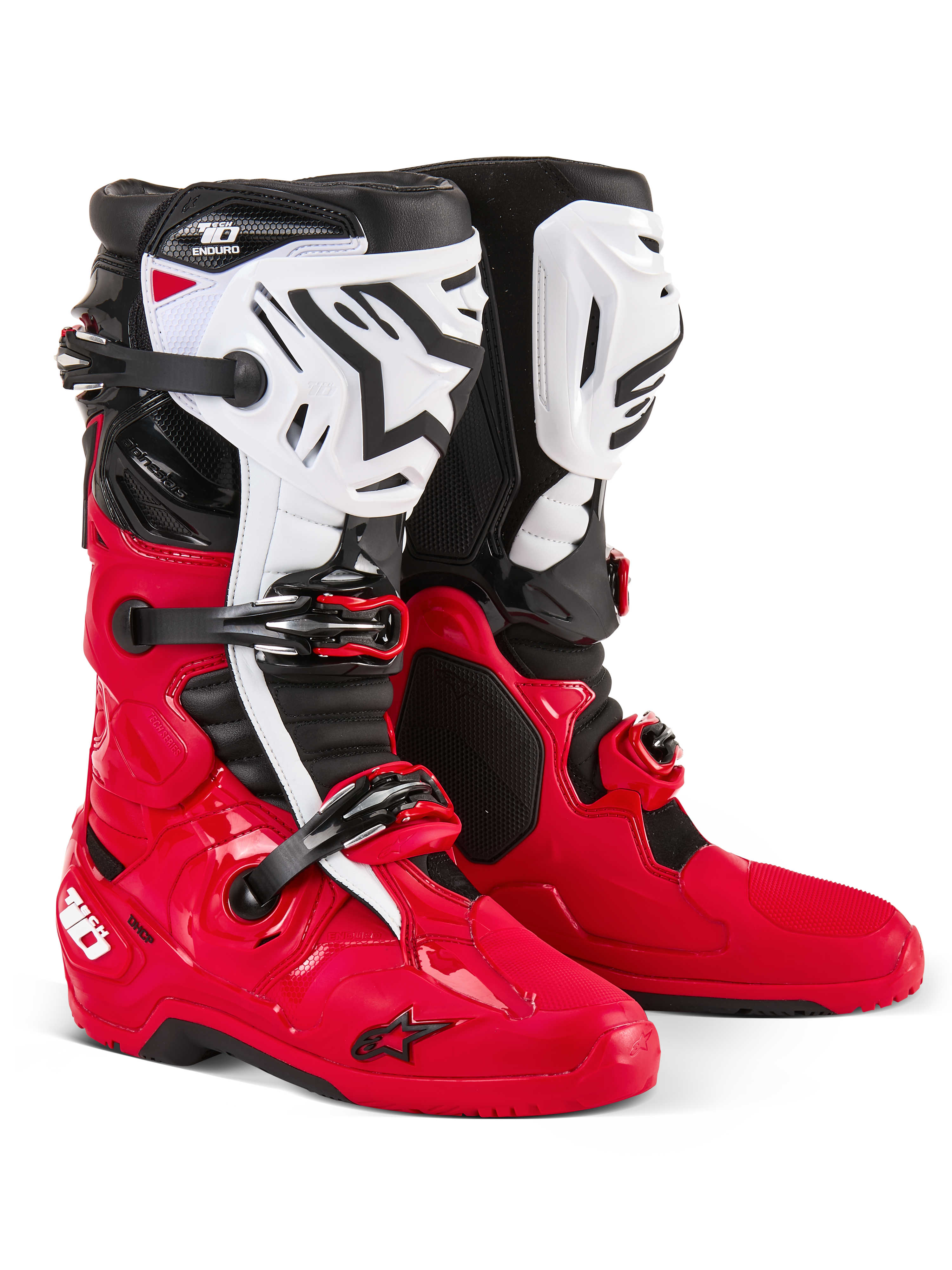 Alpinestars Tech 10 Enduro-Stiefel, Motocross- und Enduro-Stiefel, Hellrot, Schwarz und Weiß, weiße Schienbeinplatten mit schwarzem Astars-Logo, schwarze Schnallen und Riemen, strapazierfähiges Design für Offroad-Rennen