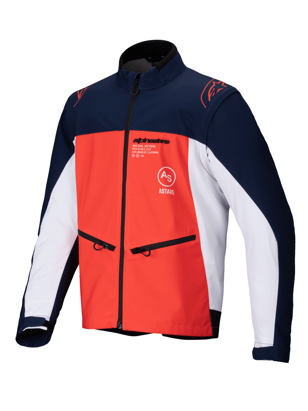 Veste Softshell Alpinestars Lite-Dura, bleu marine, orange vif et blanc, vue de face d'une veste technique tout-terrain avec poches zippées, logos sur la poitrine et matériau extensible durable pour la pratique de l'enduro.