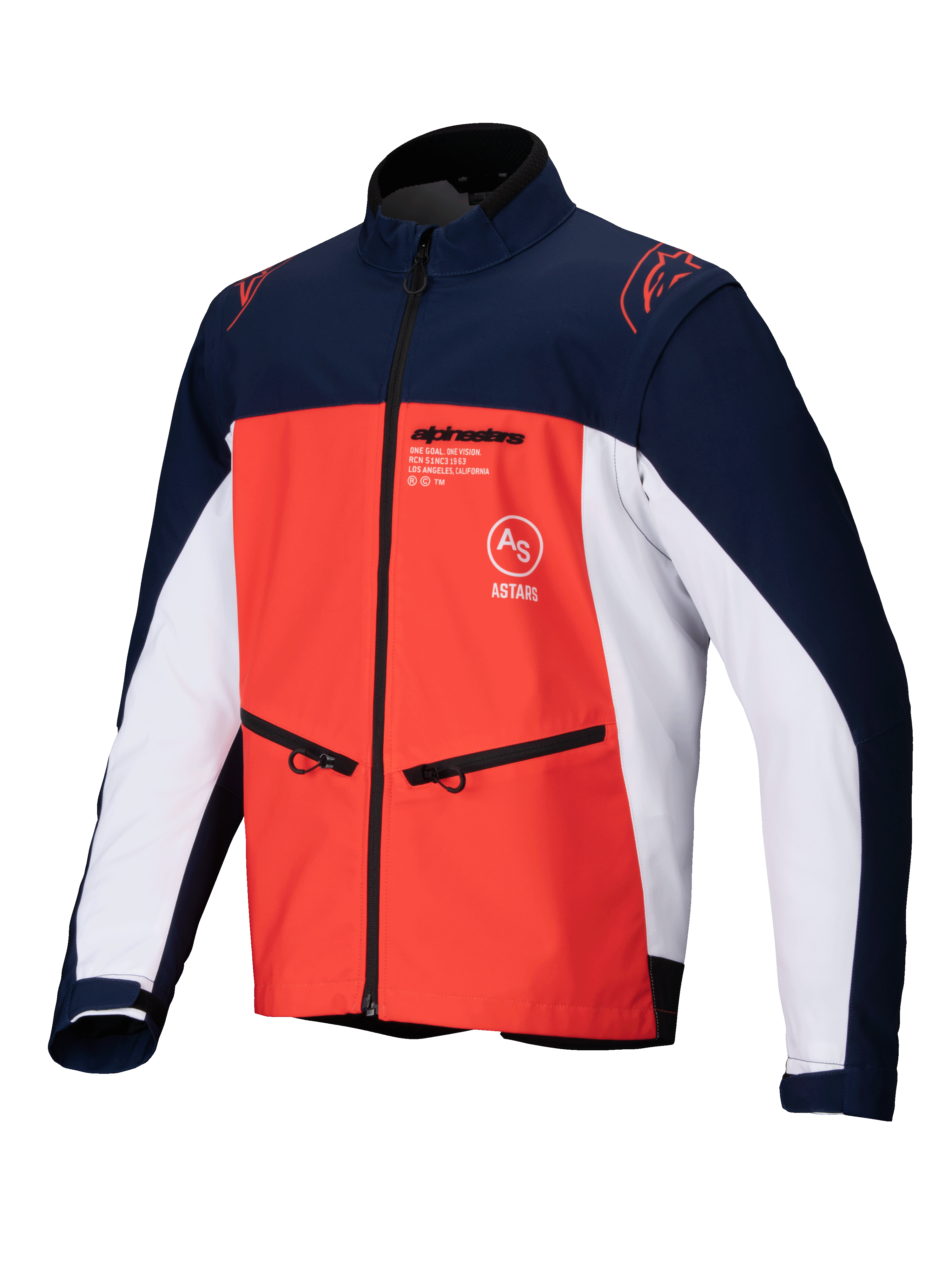Veste Softshell Alpinestars Lite-Dura, bleu marine, orange vif et blanc, vue de face d'une veste technique tout-terrain avec poches zippées, logos sur la poitrine et matériau extensible durable pour la pratique de l'enduro.