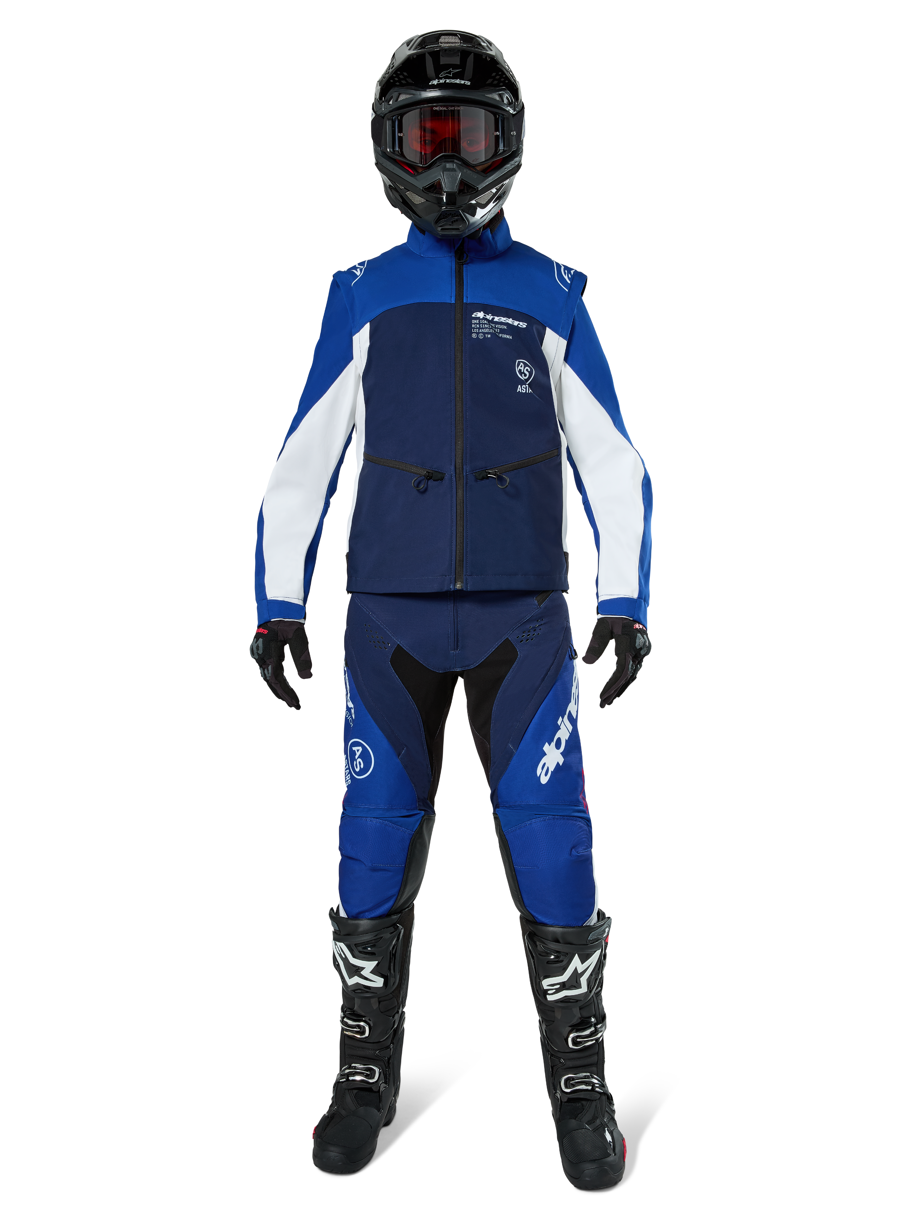 Alpinestars Lite-Dura Softshell Jacket, Off-Road Motorcycle Jacket in Navy, Bright Blue, and White, worn with a matching full gear set including a black helmet, enduro pants, and black boots, technical windproof apparel for dirt bike riding