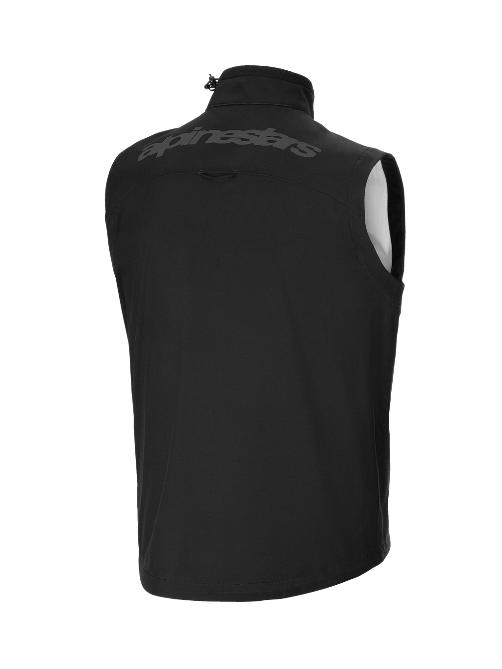 Gilet Softshell Alpinestars Techstar, noir, vue arrière présentant un large logo Alpinestars ton sur ton sur le haut du dos, matériau softshell léger et coupe-vent, col haut avec cordon de réglage, conception ergonomique sans manches pour la superposition d'équipements tout-terrain.