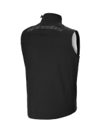 Gilet Softshell Alpinestars Techstar, noir, vue arrière présentant un large logo Alpinestars ton sur ton sur le haut du dos, matériau softshell léger et coupe-vent, col haut avec cordon de réglage, conception ergonomique sans manches pour la superposition d'équipements tout-terrain.