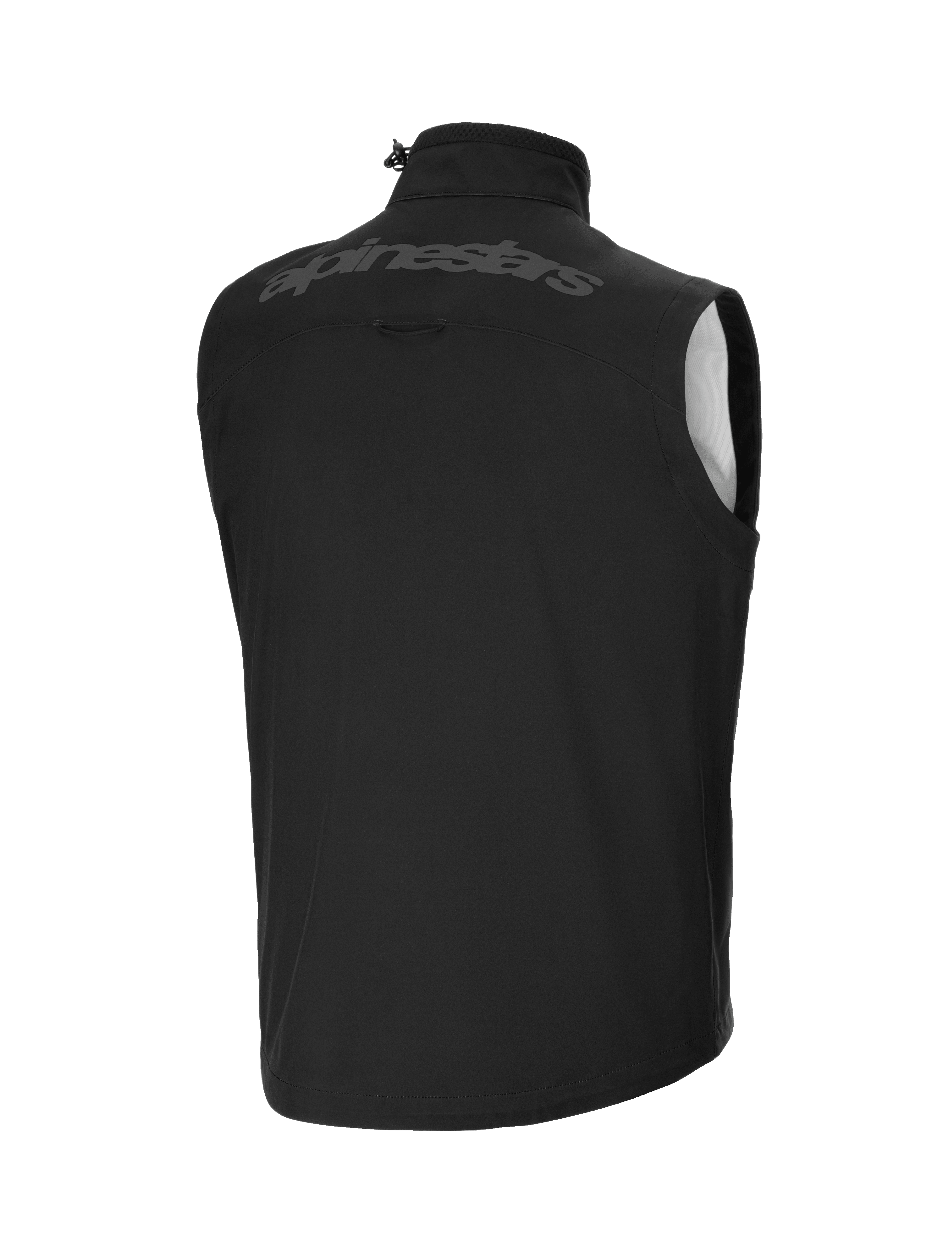 Gilet Softshell Alpinestars Techstar, noir, vue arrière présentant un large logo Alpinestars ton sur ton sur le haut du dos, matériau softshell léger et coupe-vent, col haut avec cordon de réglage, conception ergonomique sans manches pour la superposition d'équipements tout-terrain.