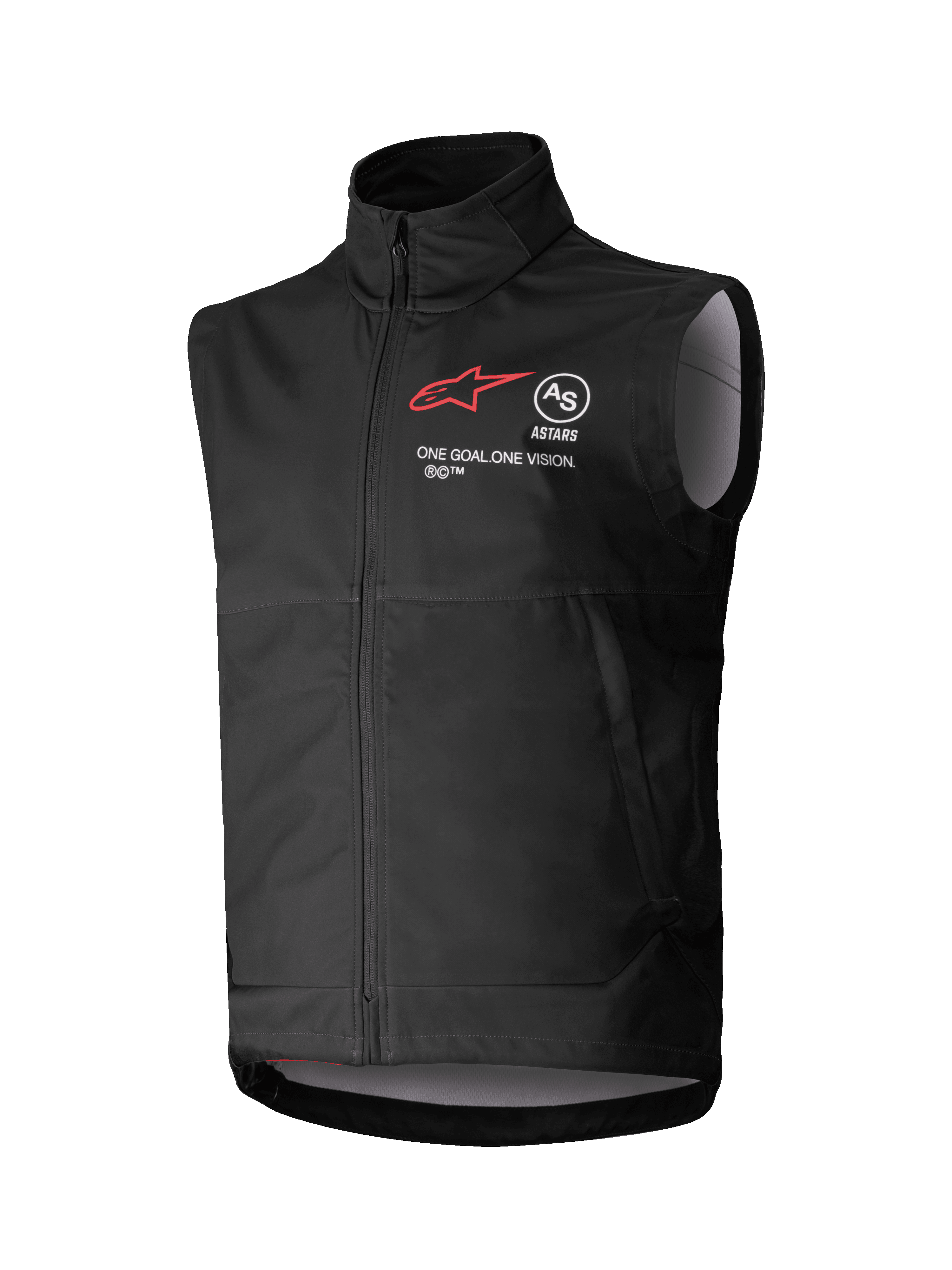 Gilet Softshell Techstar Alpinestars, gilet de motocross noir sans manches, col montant avec fermeture éclair frontale, logo étoile rouge avec marquages "ASTARS" et "ONE GOAL. ONE VISION." sur la poitrine, tissu softshell léger et coupe-vent avec doublure gris clair, conçu pour le tout-terrain