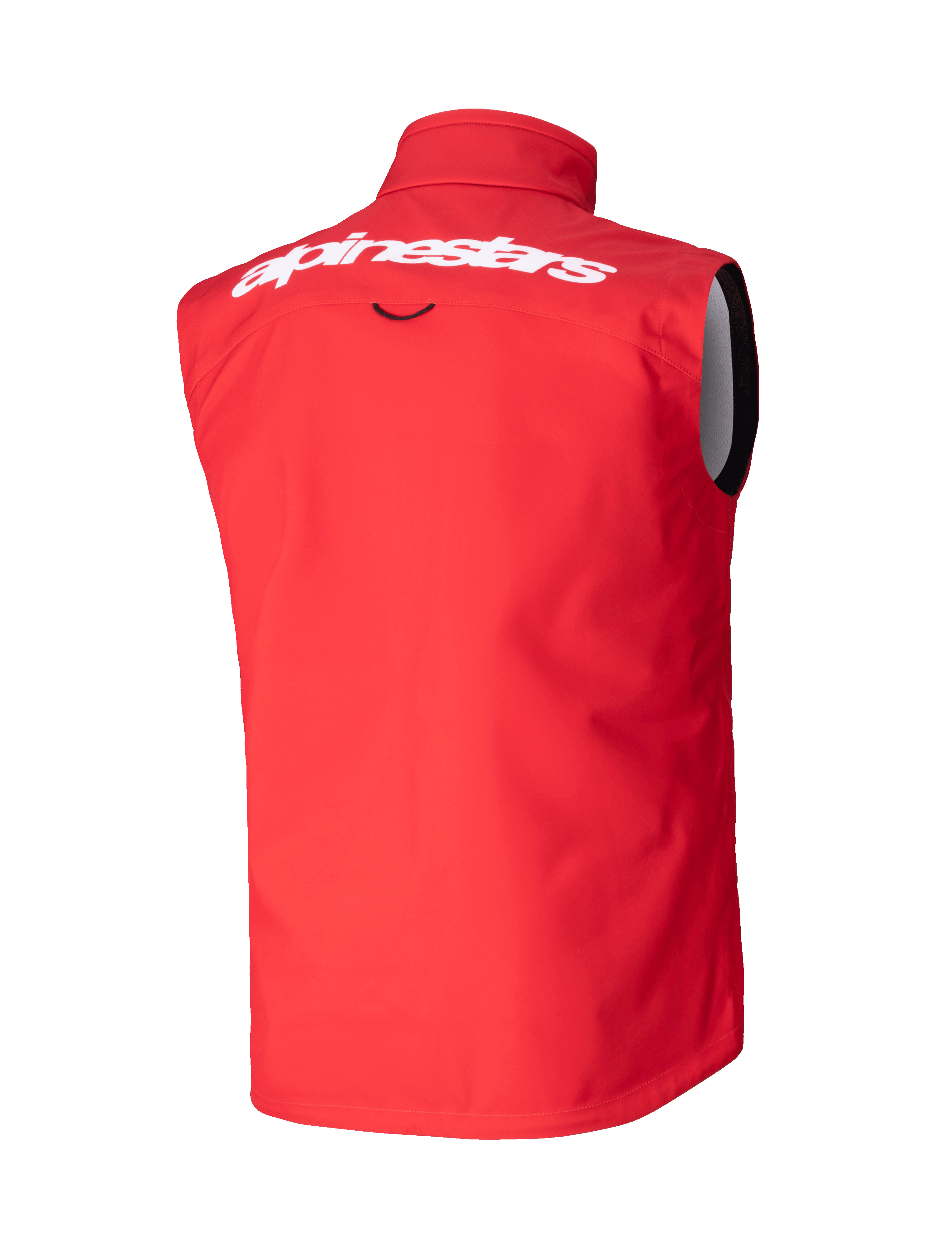 Gilet Softshell Techstar Alpinestars, gilet de motocross, rouge éclatant, vue arrière avec lettrage Alpinestars blanc sur le haut du dos, matériau softshell extensible coupe-vent, conception ergonomique sans manches pour le tout-terrain