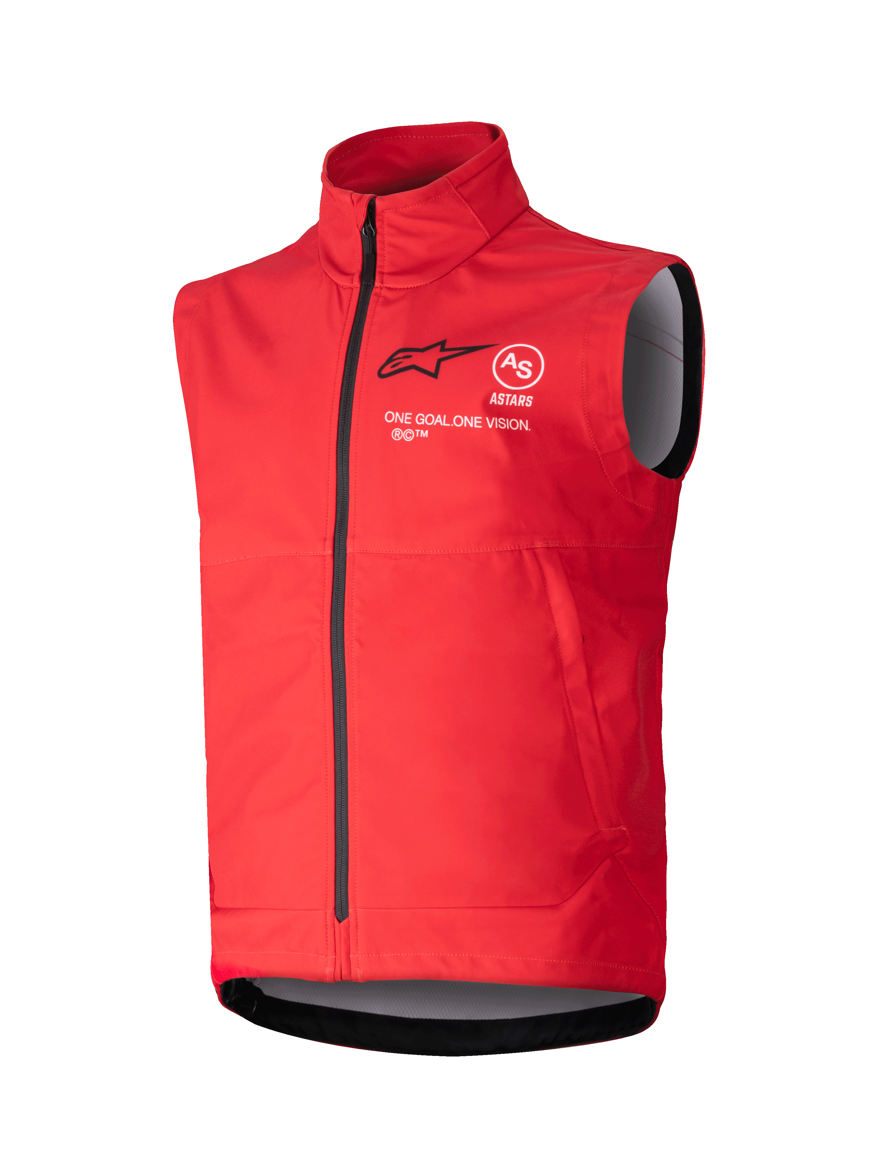 Gilet Softshell Alpinestars Techstar, gilet coupe-vent sans manches rouge vif, col montant avec fermeture éclair noire, marquage ASTARS noir et blanc avec la devise « ONE GOAL ONE VISION » sur la poitrine, doublure intérieure grise, design sportif pour le motocross