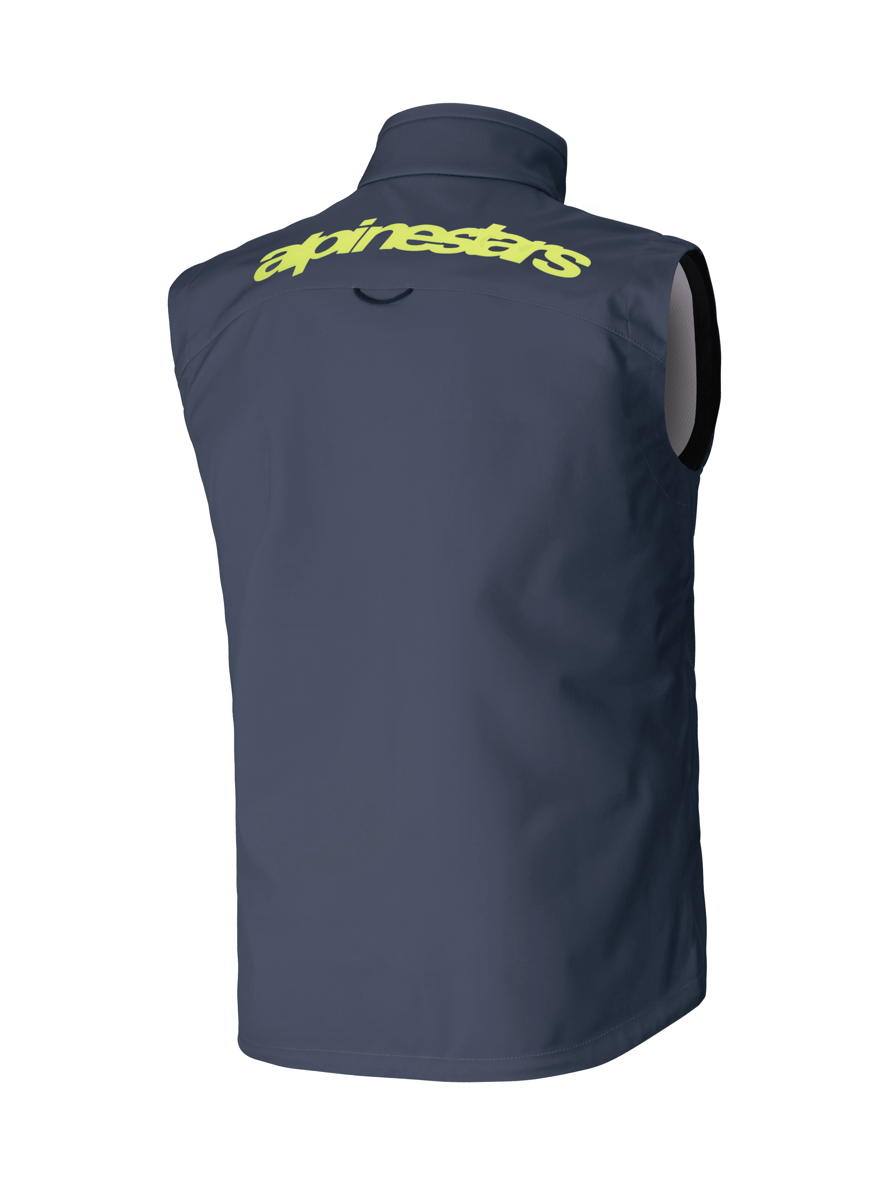 Gilet Softshell Techstar Alpinestars, gris foncé, vue de dos, lettrage Alpinestars jaune vif sur les épaules, conception sans manches coupe-vent, équipement de motocross et tout-terrain haute performance