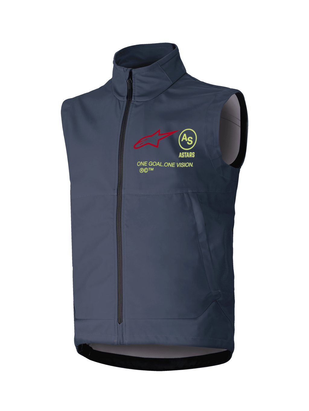 Gilet Softshell Alpinestars Techstar, gilet de motocross sans manches, gris foncé, col montant avec fermeture éclair frontale intégrale, orné d'un logo étoile rouge, d'un emblème AS circulaire jaune, du texte ASTARS et du slogan ONE GOAL ONE VISION sur la poitrine, couche coupe-vent pour le tout-terrain