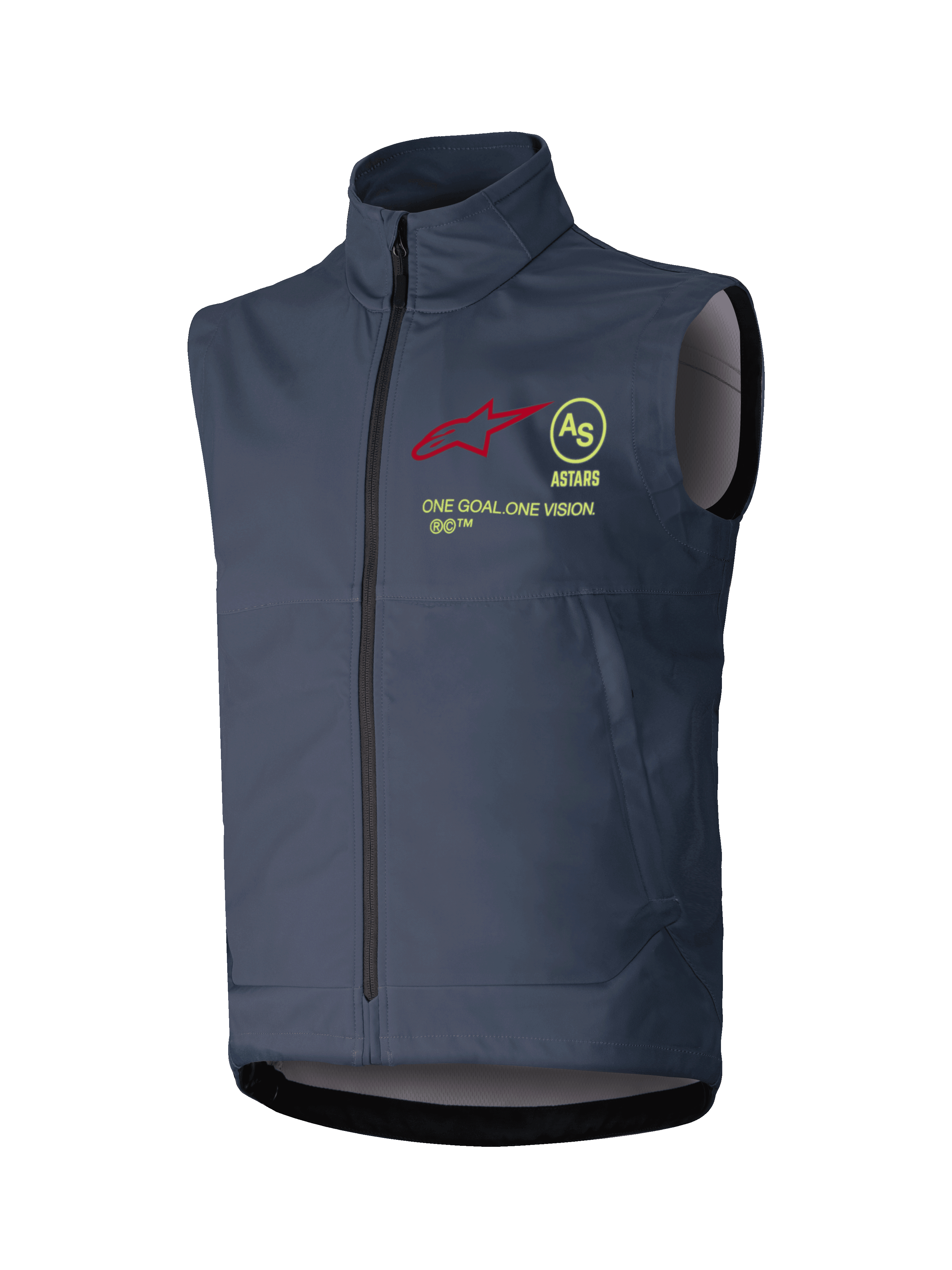 Gilet Softshell Alpinestars Techstar, gilet de motocross sans manches, gris foncé, col montant avec fermeture éclair frontale intégrale, orné d'un logo étoile rouge, d'un emblème AS circulaire jaune, du texte ASTARS et du slogan ONE GOAL ONE VISION sur la poitrine, couche coupe-vent pour le tout-terrain