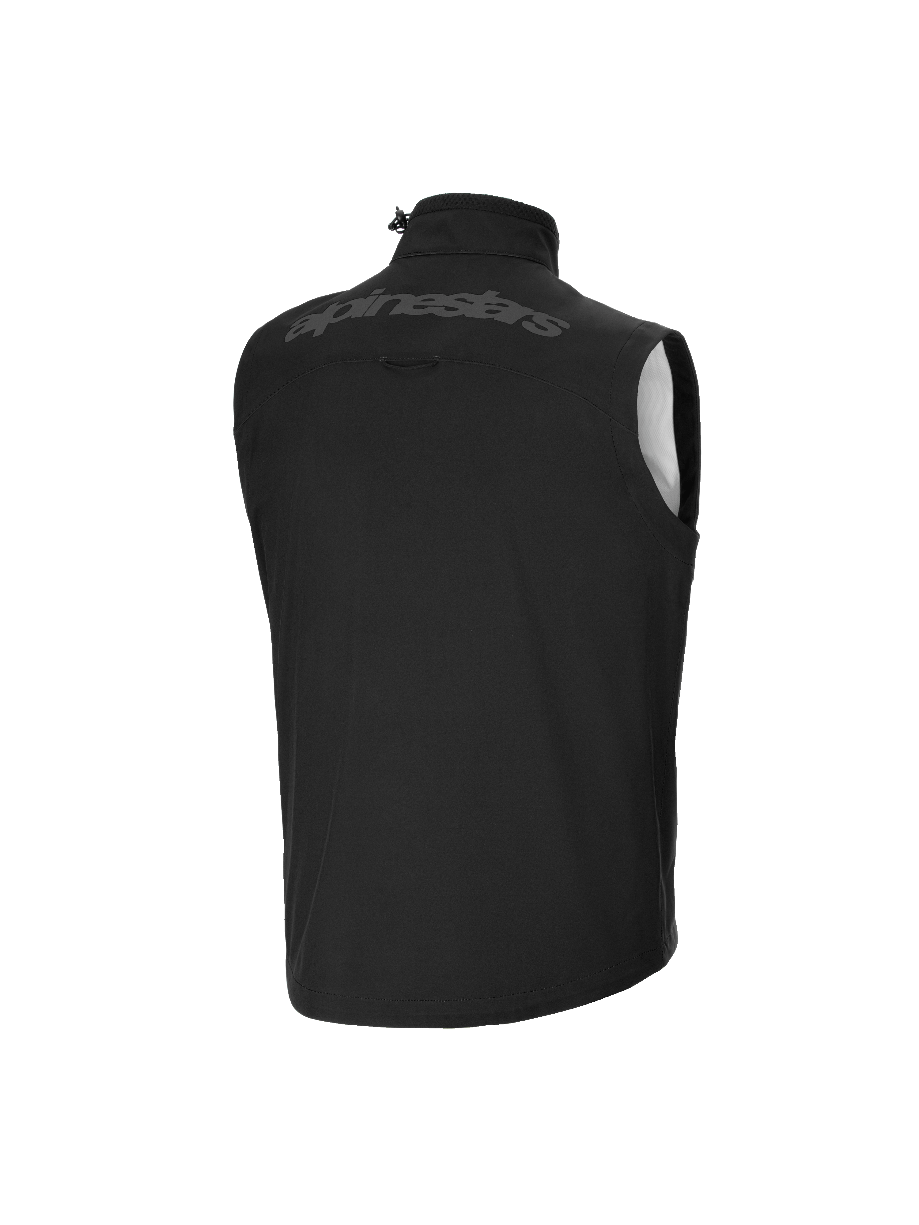 Gilet Softshell Techstar Junior Alpinestars, gilet de motocross, noir, vue de dos, avec logo Alpinestars ton sur ton sur le haut du dos, col haut avec cordon de serrage, matériau softshell léger et coupe-vent.