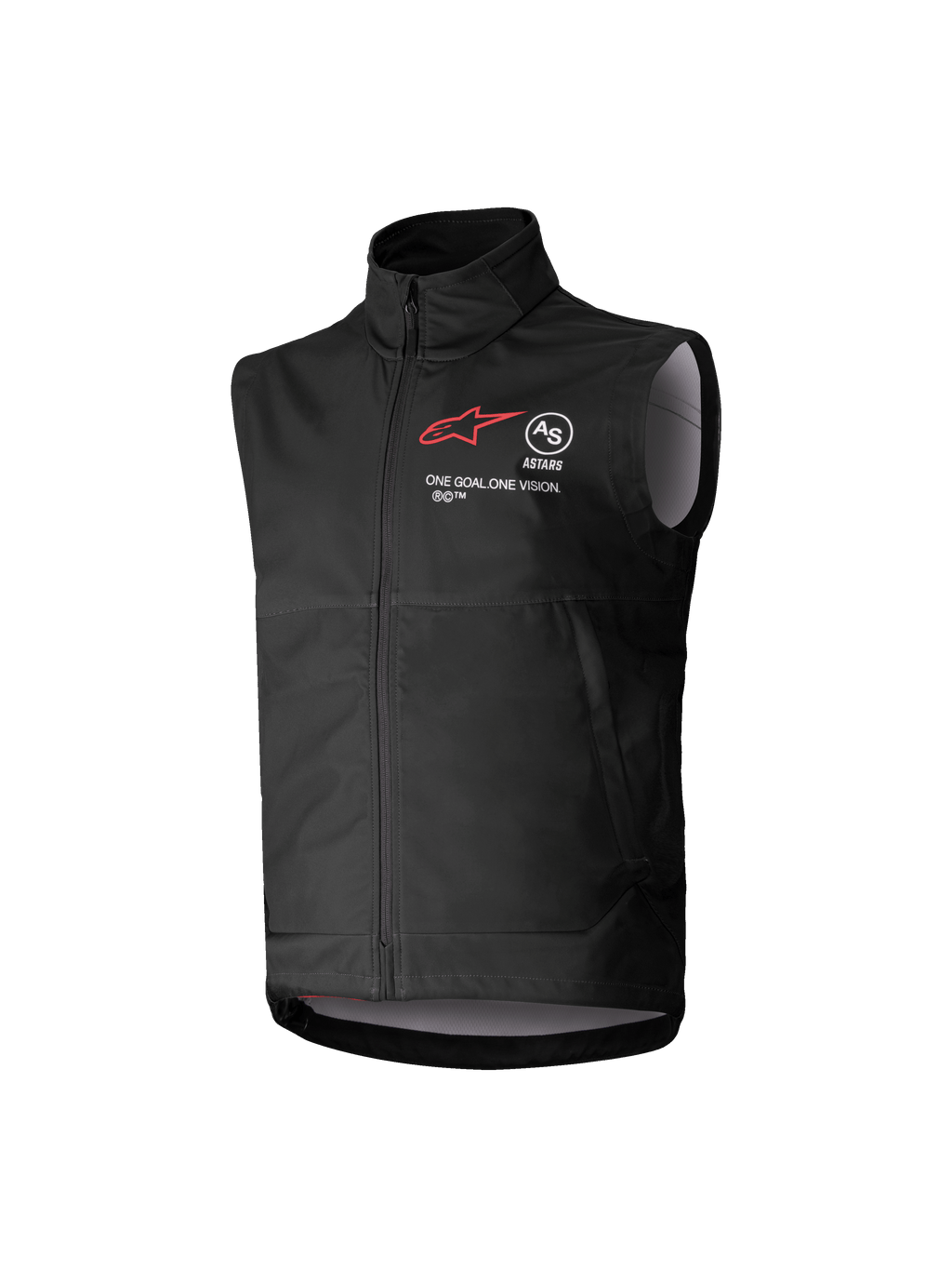 Gilet Softshell Alpinestars Youth Techstar, noir, gilet de motocross sans manches avec logo étoile rouge, col haut, fermeture éclair frontale, inscription "ONE GOAL. ONE VISION.", doublure intérieure gris clair, équipement de sport mécanique pour jeunes