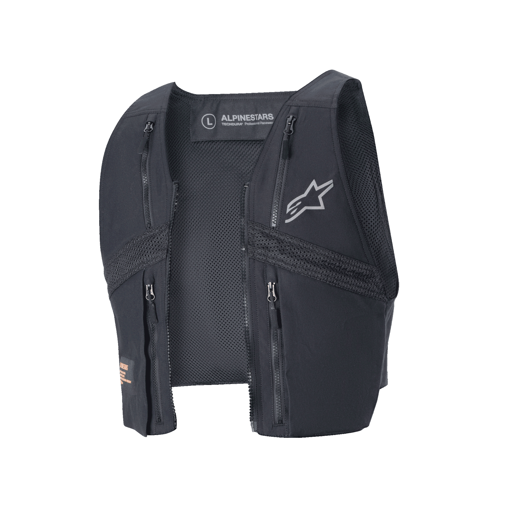 Alpinestars Techdura Tactical Vest, detachable modular vest for Techdura Jacket, Black Reflex, featuring four zippered pockets and breathable mesh, reflective star logo, technical gear for enduro and off-road riding