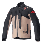 Veste Alpinestars Techdura, veste de moto tout-terrain, noir et brun Falcon, design bicolore avec logos étoiles rouges sur les épaules et les manches, sangles verticales marquées Alpinestars sur la poitrine, matériau textile durable