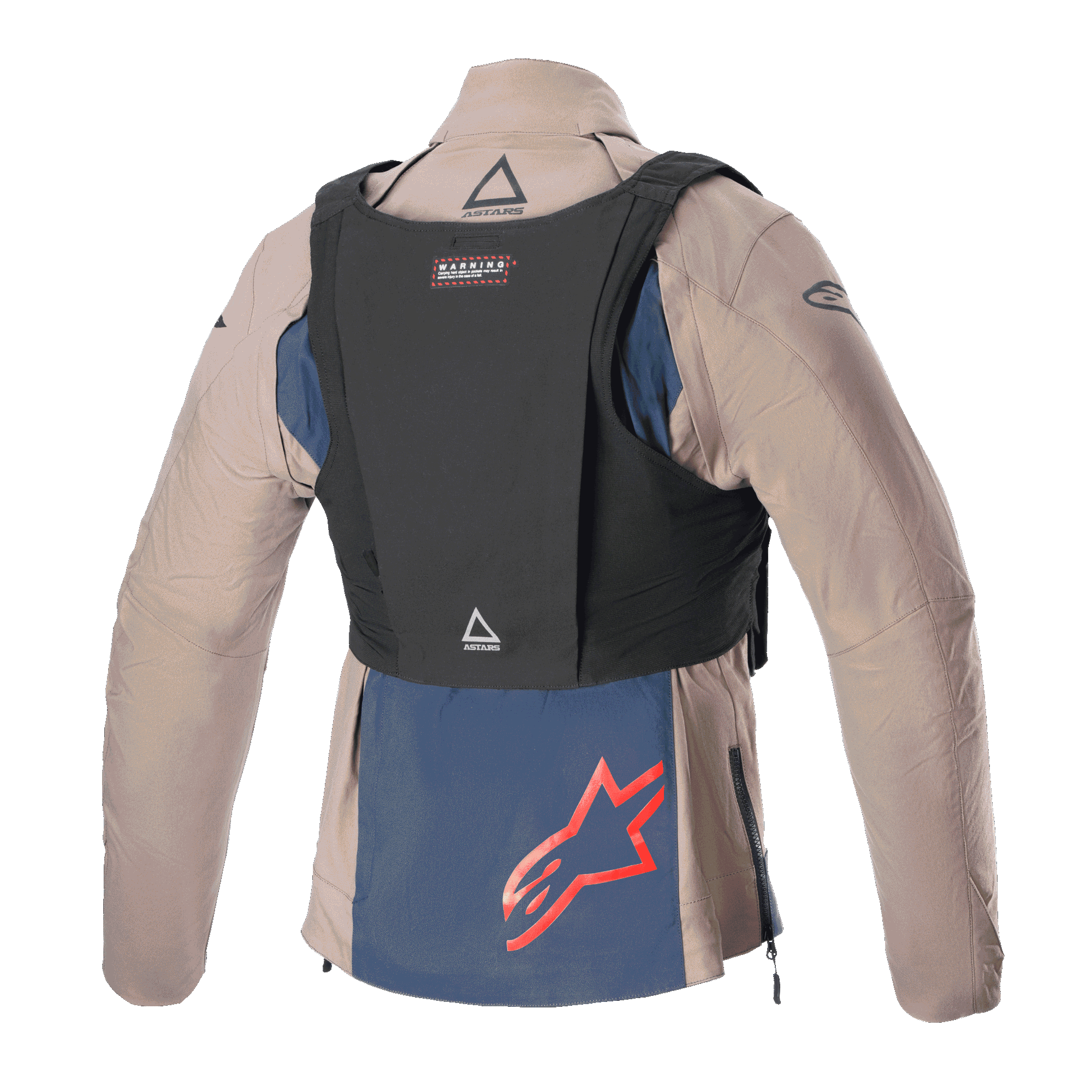 Veste Alpinestars Techdura, Brun Falcon et Bleu Marine, vue arrière avec gilet tactique noir, arborant un logo Alpinestars rouge sur le panneau inférieur bleu marine, construction textile robuste pour la pratique de l'enduro et du tout-terrain