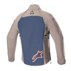 Veste Alpinestars Techdura, vue de dos, brun Falcon et bleu marine, dotée d'un panneau dorsal bleu avec un grand logo étoile orange, manches et épaules en textile brun, construction robuste en polyamide extensible pour l'enduro et le tout-terrain