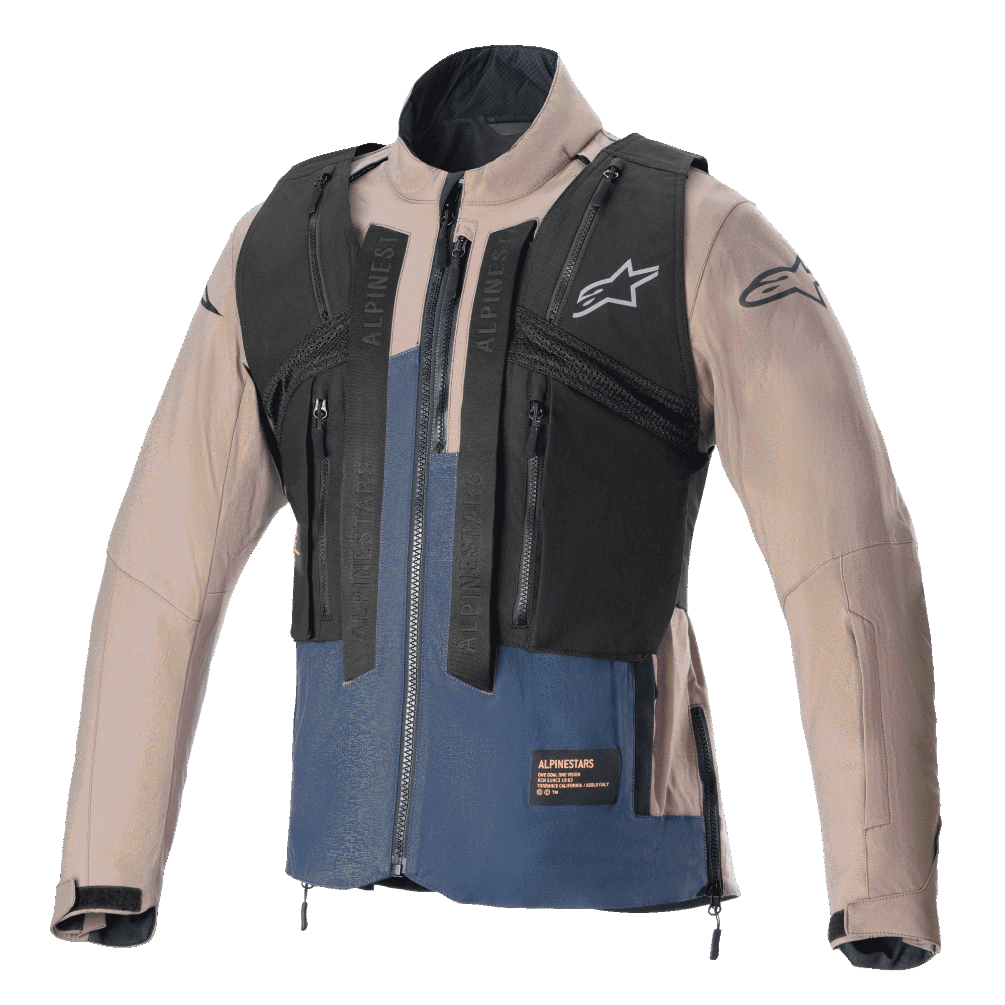 Veste Alpinestars Techdura, Brun Falcon et Bleu Nuit, avec gilet tactique noir détachable doté de multiples poches zippées, construction robuste en polyamide extensible, logo étoile sur la poitrine et les manches, conçue pour l'enduro et le tout-terrain.