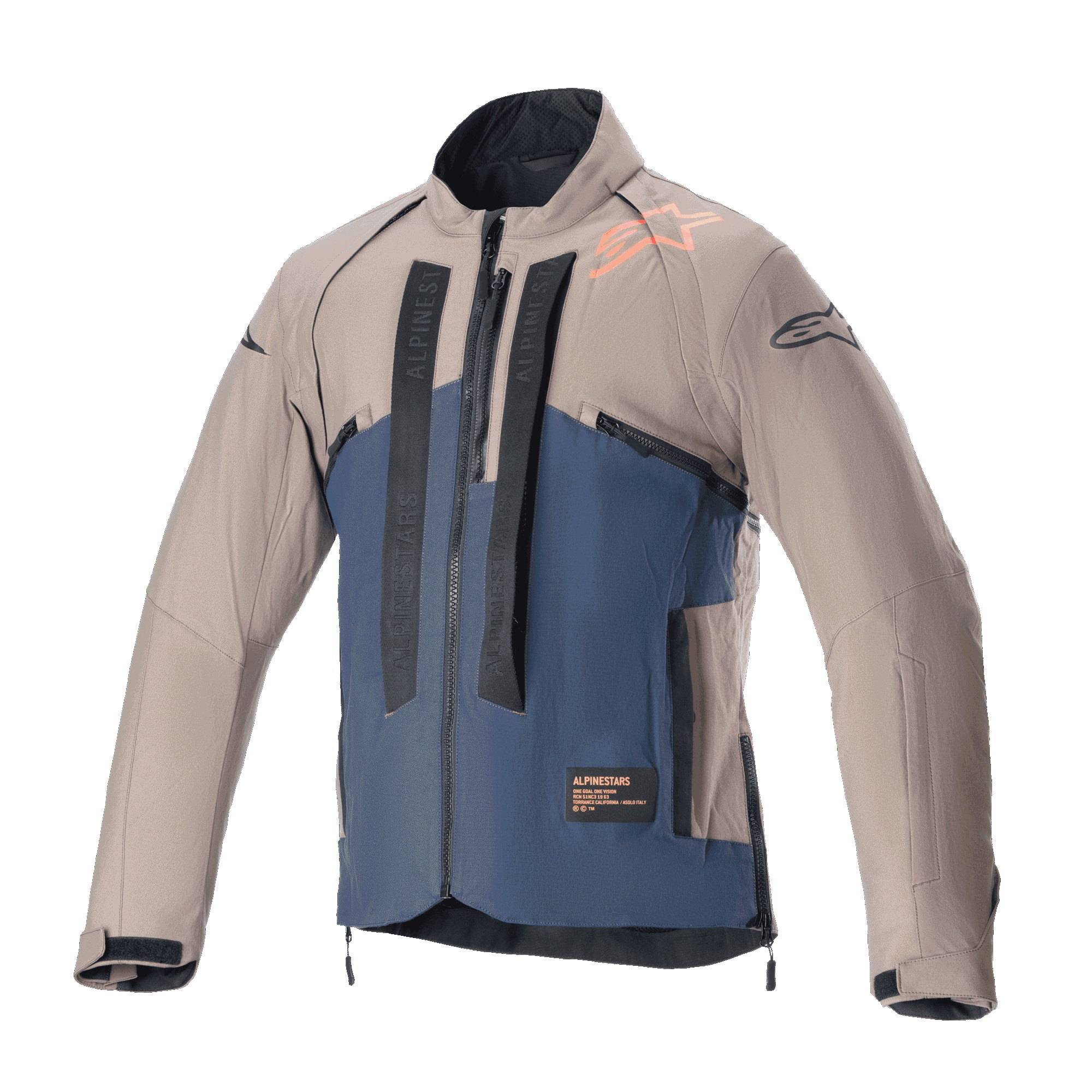 Veste Alpinestars Techdura, veste de moto tout-terrain, Falcon Brown et Night Navy, vue de face, construction bicolore avec marquage Alpinestars vertical noir, logo orange sur l'épaule, col haut et fermeture éclair frontale, vêtement technique pour l'enduro et le pilotage d'aventure.