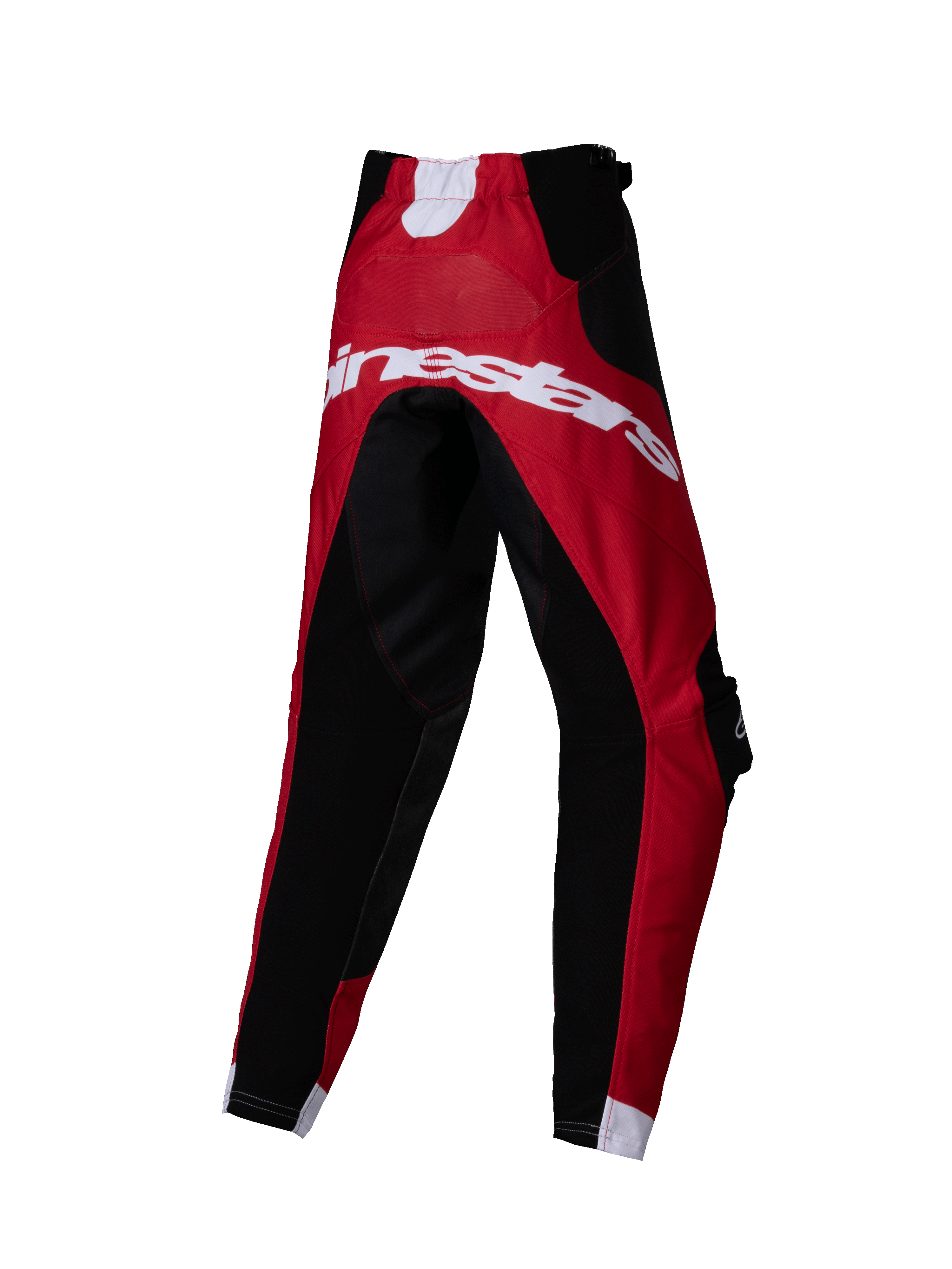 Alpinestars 2025 Kids Racer Veil broek, motorcrossbroek, zwart en felrood, achteraanzicht met groot wit Alpinestars-logo, technisch multi-paneel ontwerp voor off-road rijden