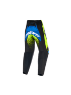 Alpinestars 2026 Kids Racer Nomur Pants, pantalon de motocross pour enfant, bleu marine foncé, jaune fluo et bleu UCLA, vue arrière montrant le logo blanc Astars et des accents néon, design robuste pour le tout-terrain