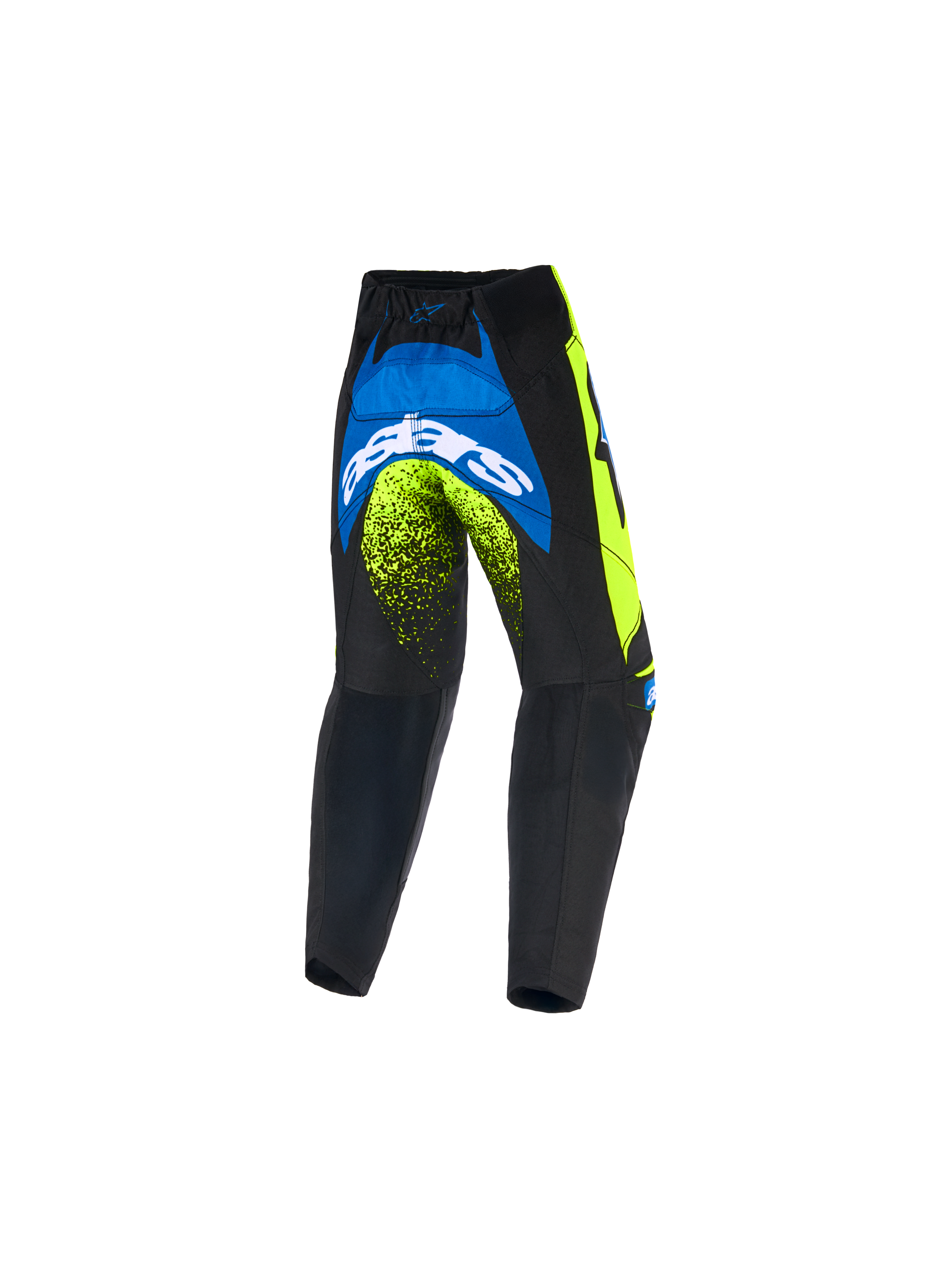 Alpinestars 2026 Kids Racer Nomur Pants, pantalon de motocross pour enfant, bleu marine foncé, jaune fluo et bleu UCLA, vue arrière montrant le logo blanc Astars et des accents néon, design robuste pour le tout-terrain
