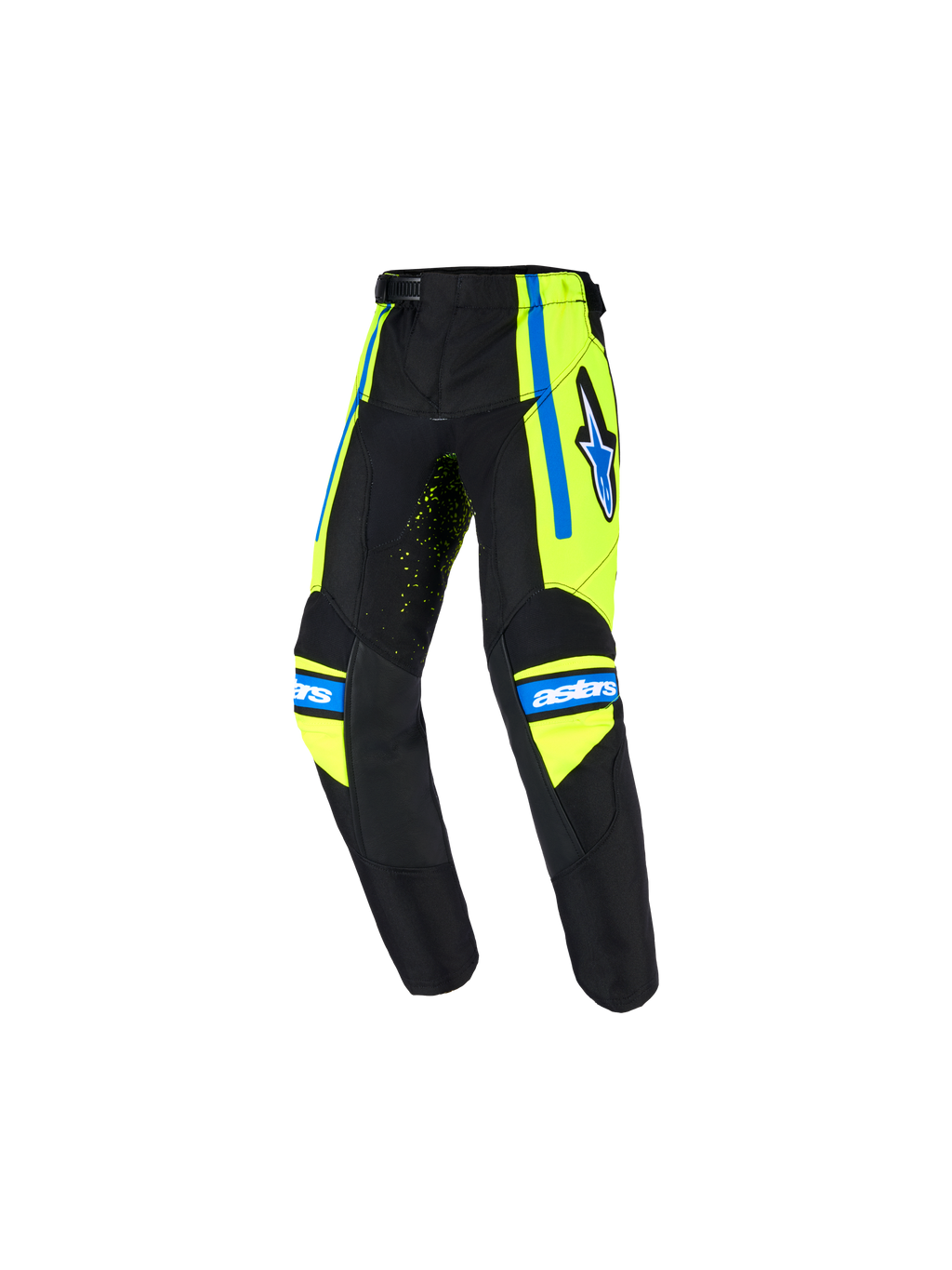 Alpinestars 2026 Kids Racer Nomur Pants, pantalon de motocross pour enfant, bleu marine foncé avec accents jaune fluo et bleu UCLA, doté du logo étoile sur la cuisse, du marquage 'astars' sur les genoux et d'une conception ergonomique pré-courbée pour la course tout-terrain
