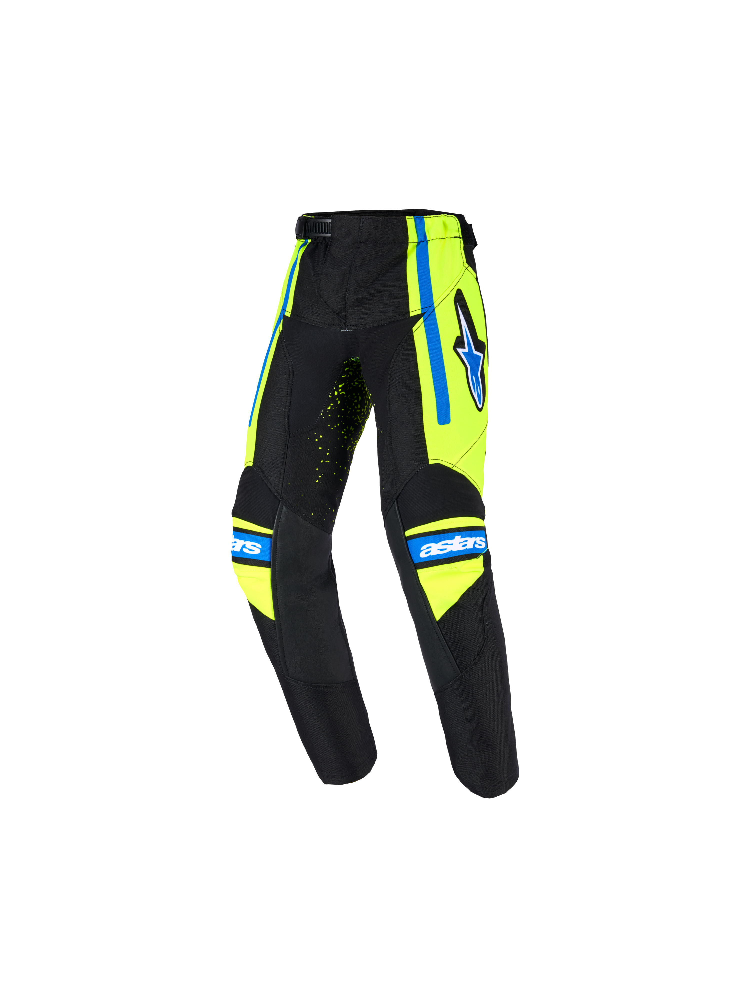 Alpinestars 2026 Kids Racer Nomur Pants, pantalon de motocross pour enfant, bleu marine foncé avec accents jaune fluo et bleu UCLA, doté du logo étoile sur la cuisse, du marquage 'astars' sur les genoux et d'une conception ergonomique pré-courbée pour la course tout-terrain