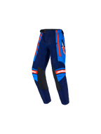 Alpinestars 2026 Kids Racer Nomur Hose, Kinder-Motocross-Hose, Dunkelblau und UCLA-Blau mit orangefarbenen Akzenten, mit schwarzen Leder-Innenknie-Einsätzen, orangefarbenen Seitenstreifen, weißem Astars-Logo und vorgeformtem Design für den Offroad-Rennsport