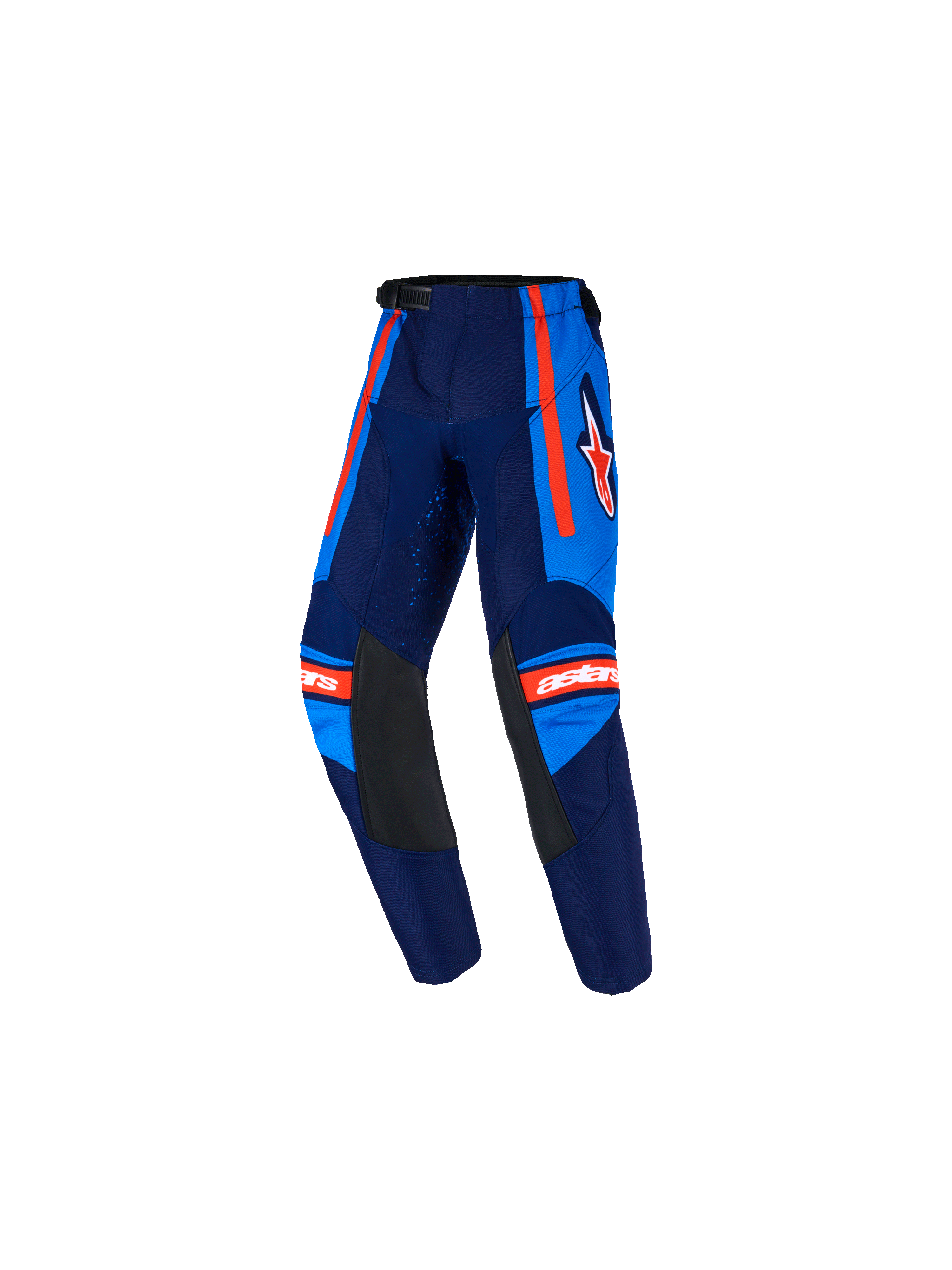 Alpinestars 2026 Kids Racer Nomur Hose, Kinder-Motocross-Hose, Dunkelblau und UCLA-Blau mit orangefarbenen Akzenten, mit schwarzen Leder-Innenknie-Einsätzen, orangefarbenen Seitenstreifen, weißem Astars-Logo und vorgeformtem Design für den Offroad-Rennsport