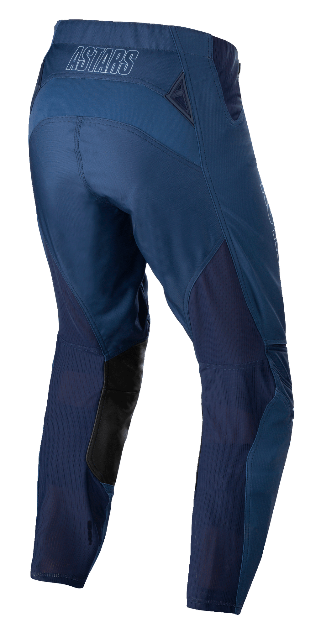 Alpinestars Techstar Phantom Hose, Motocross-Hose, Dunkelblau, Rückansicht mit atmungsaktiven Mesh-Einsätzen und schwarzen Leder-Einsätzen an der Beininnenseite, ASTARS-Logo am Bund, entwickelt für Offroad-Performance