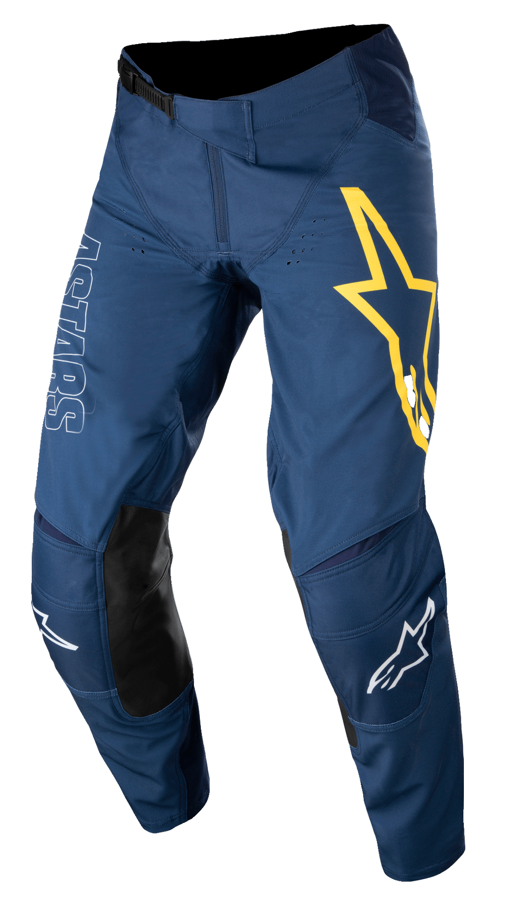Alpinestars Techstar Phantom Hose, Motocross-Hose, Dunkelblau mit gelben und weißen Akzenten, schwarze Knieeinsätze aus Leder, großes gelbes Stern-Logo am Oberschenkel, weißes ASTARS-Branding, strapazierfähiges Stretch-Ripstop-Gewebe für Offroad-Rennsport