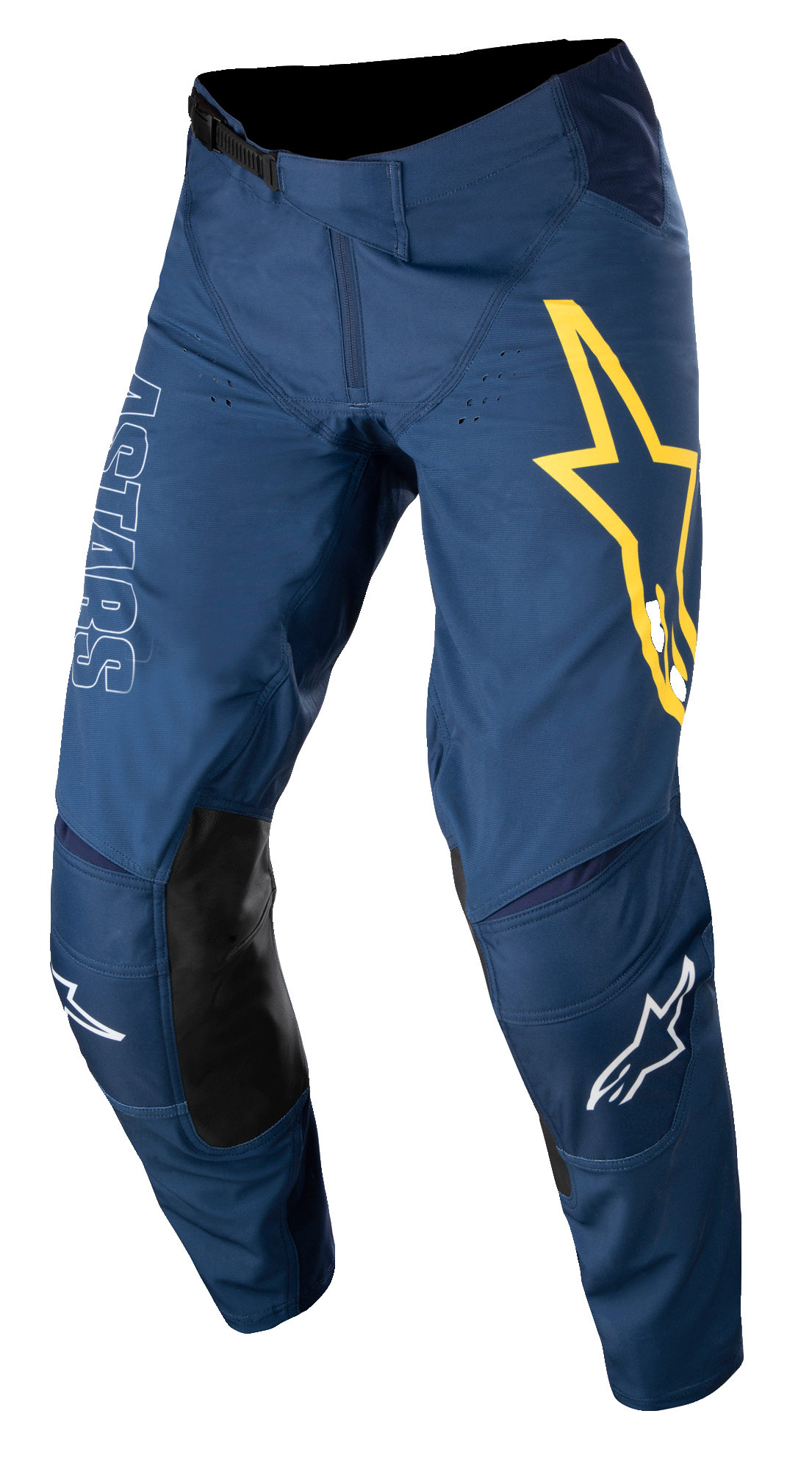 Alpinestars Techstar Phantom Hose, Motocross-Hose, Dunkelblau mit gelben und weißen Akzenten, schwarze Knieeinsätze aus Leder, großes gelbes Stern-Logo am Oberschenkel, weißes ASTARS-Branding, strapazierfähiges Stretch-Ripstop-Gewebe für Offroad-Rennsport