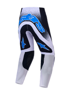 Alpinestars Supertech Hiten AFD Motocross-Hose, Rückansicht in Schwarz, Weiß und Blau mit Stretch-Mesh-Konstruktion.