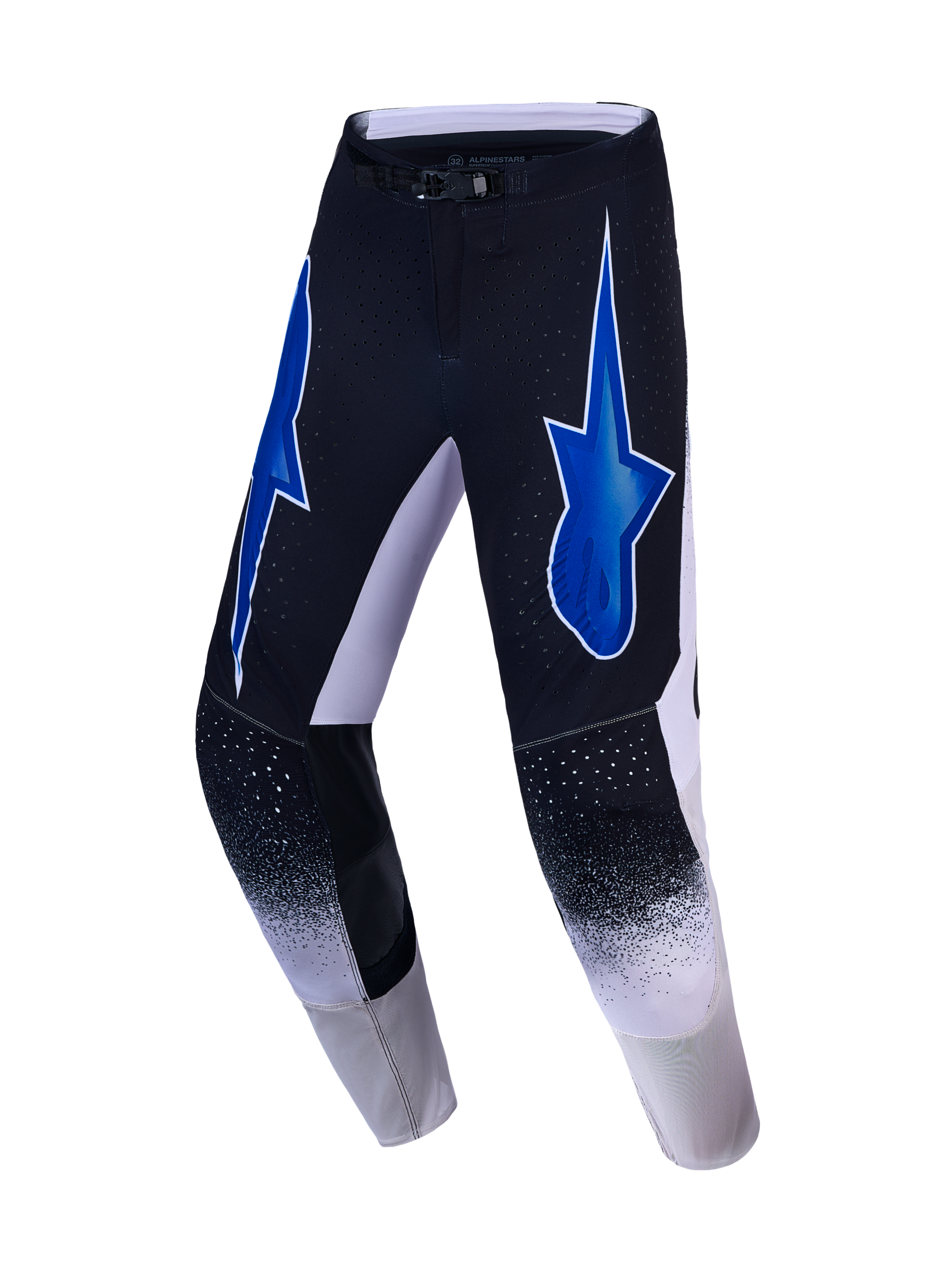 Alpinestars Supertech Hiten AFD Motocross-Hose in Schwarz und Weiß mit blauen Sterngrafiken und Performance-Belüftung.