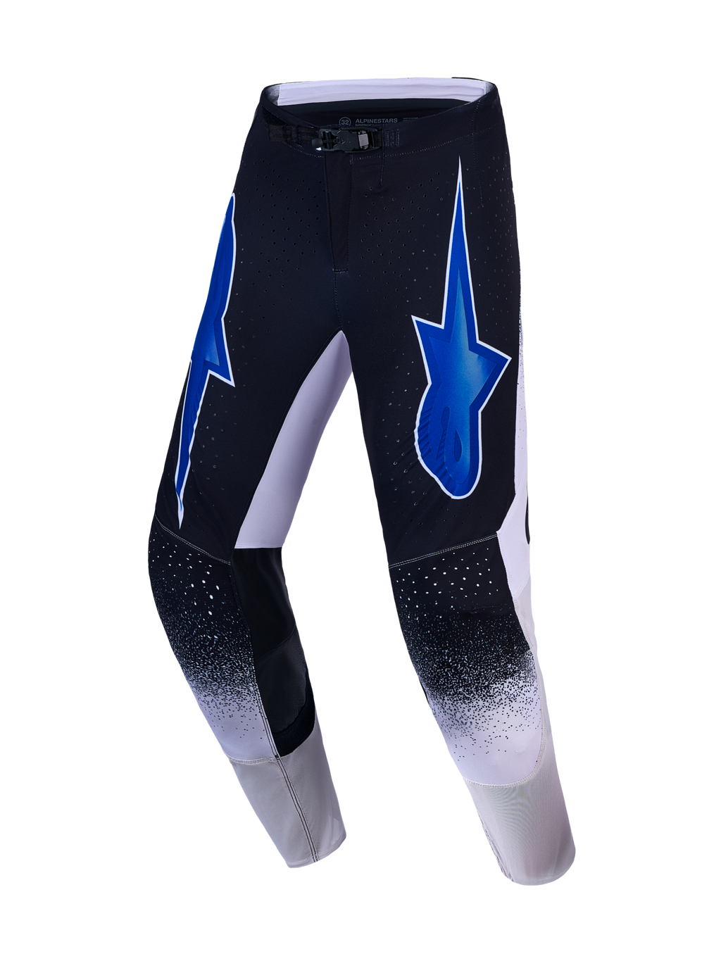 Alpinestars Supertech Hiten AFD broek, heren motorcrossbroek in zwart en blauw met wit, atletische stretch en sterlogo's voor professioneel off-road racen.